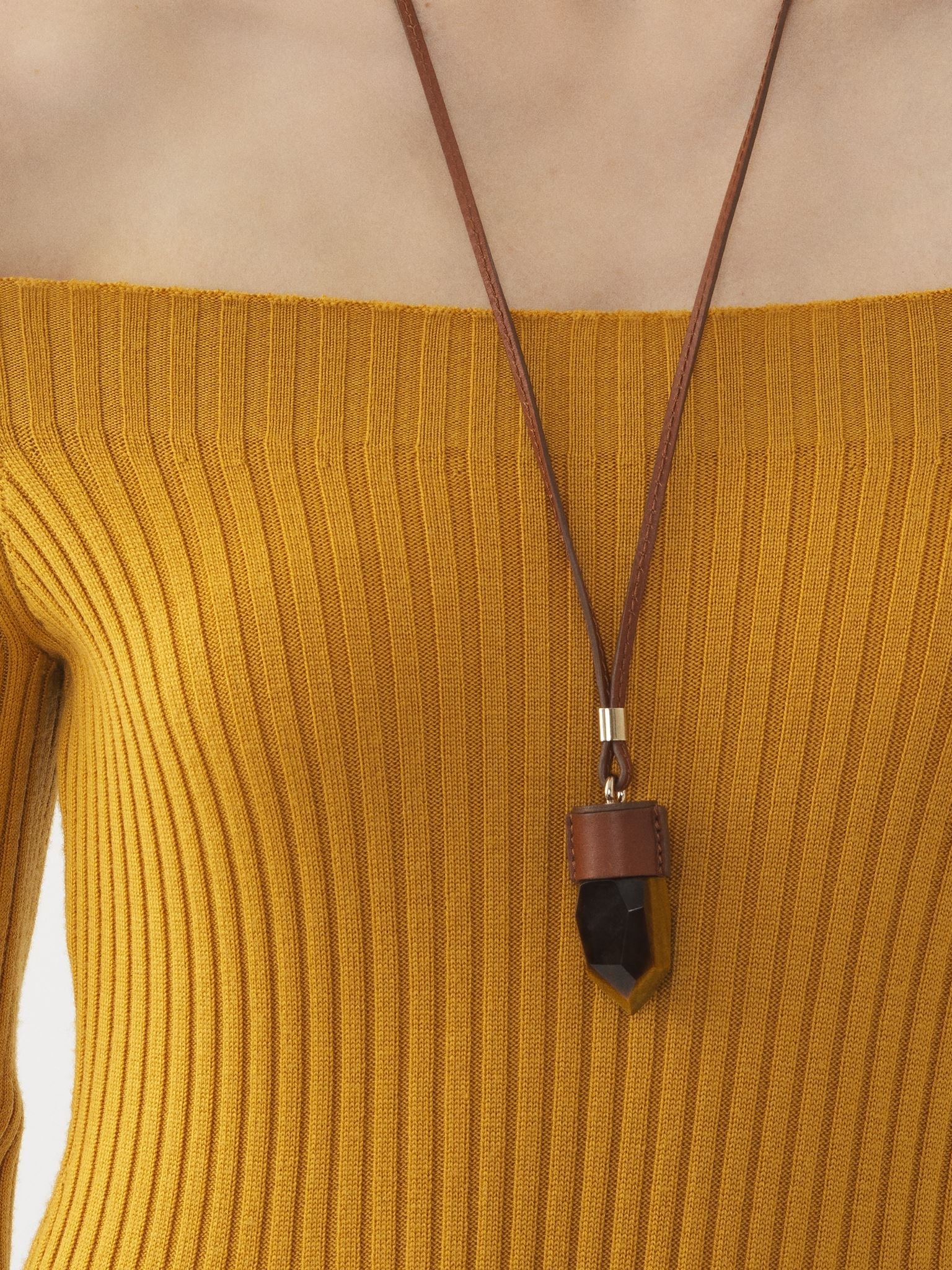 Collier moyen Jemma en cuir et pierre semi préçieuse - Dark Sepia Brown