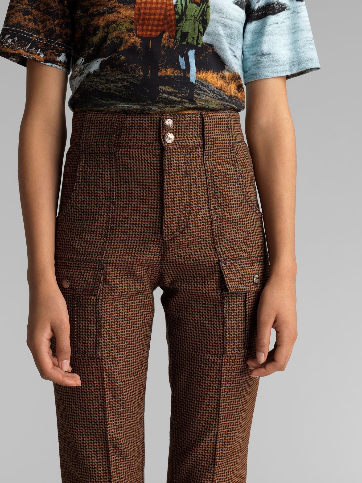 Pantalon évasé en laine à motif pied-de-poule - Orange & Green