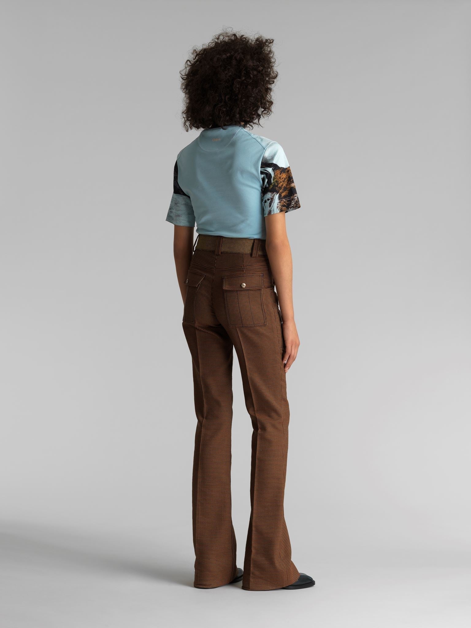 Pantalon évasé en laine à motif pied-de-poule - Orange & Green