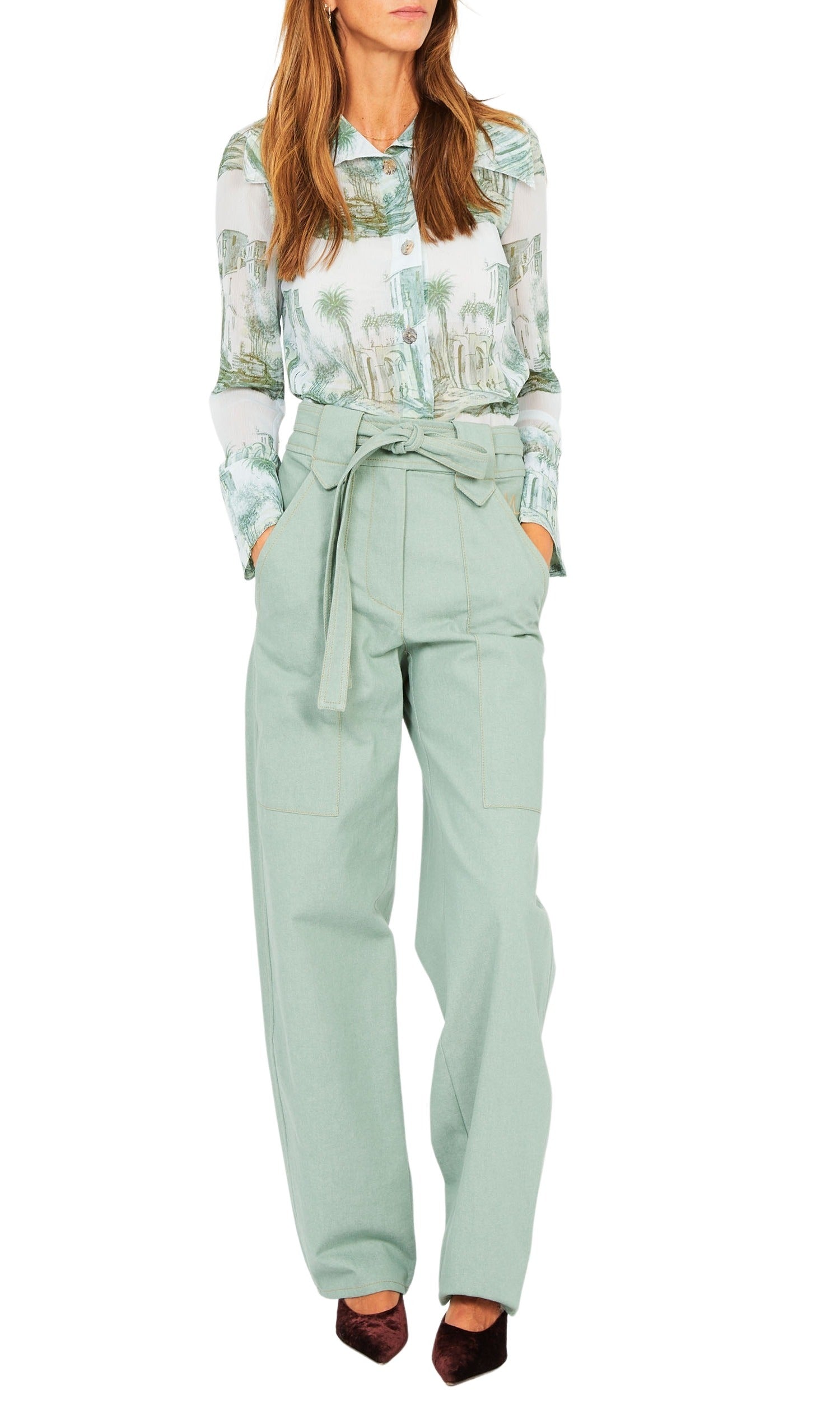 Pantalon carotte ceinturé en jean - Vert Pâle