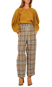 Pantalon baggy en laine vichy - Cognac