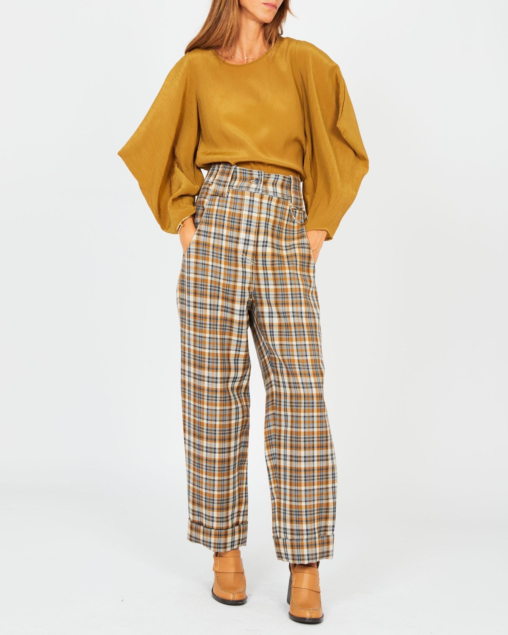 Pantalon baggy en laine vichy - Cognac