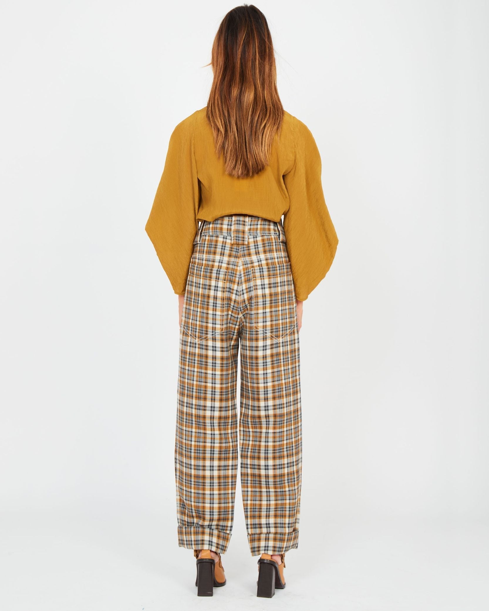 Pantalon baggy en laine vichy - Cognac