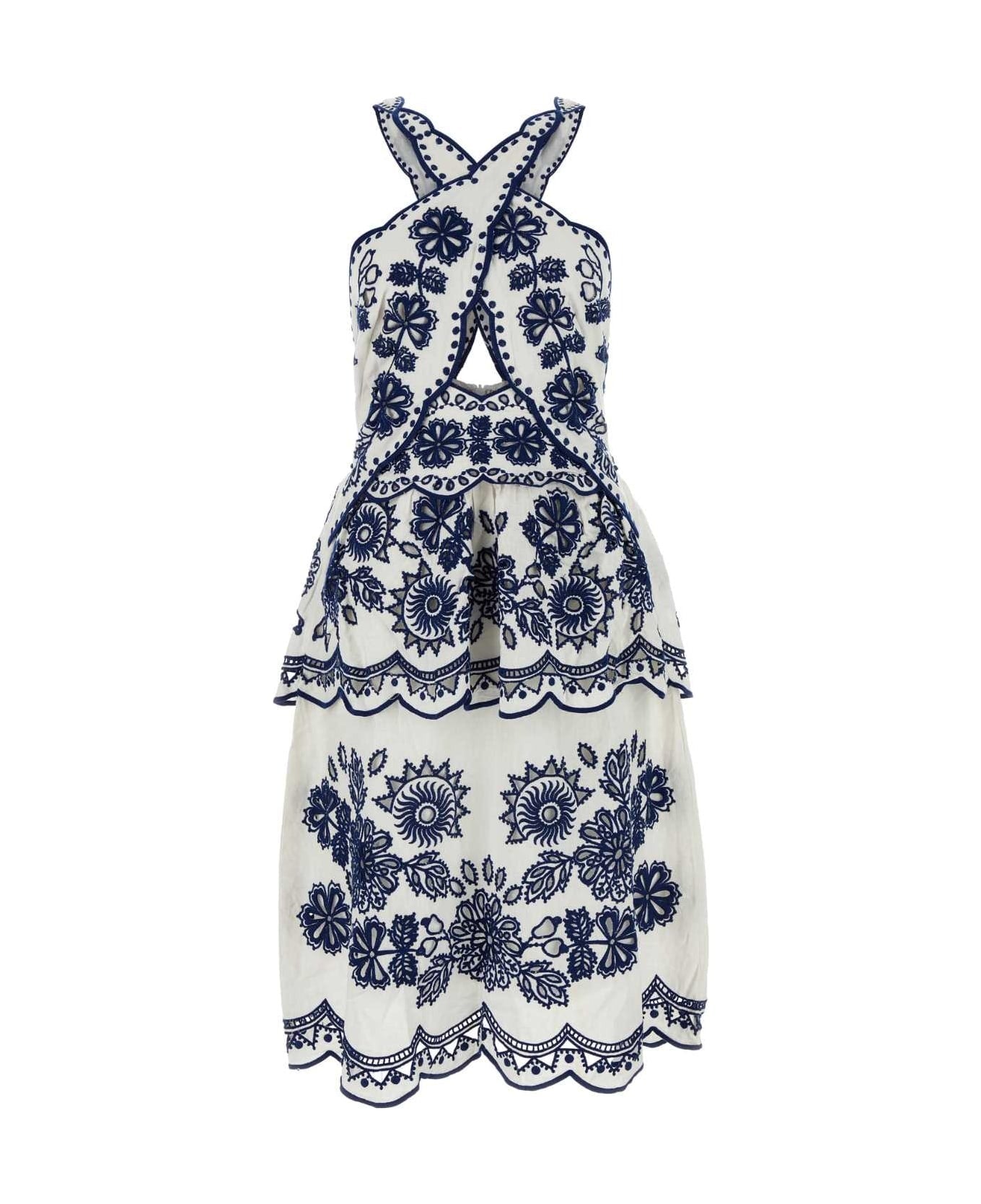 Robe midi Richelieu à découpes sans manches en lin - Blanc