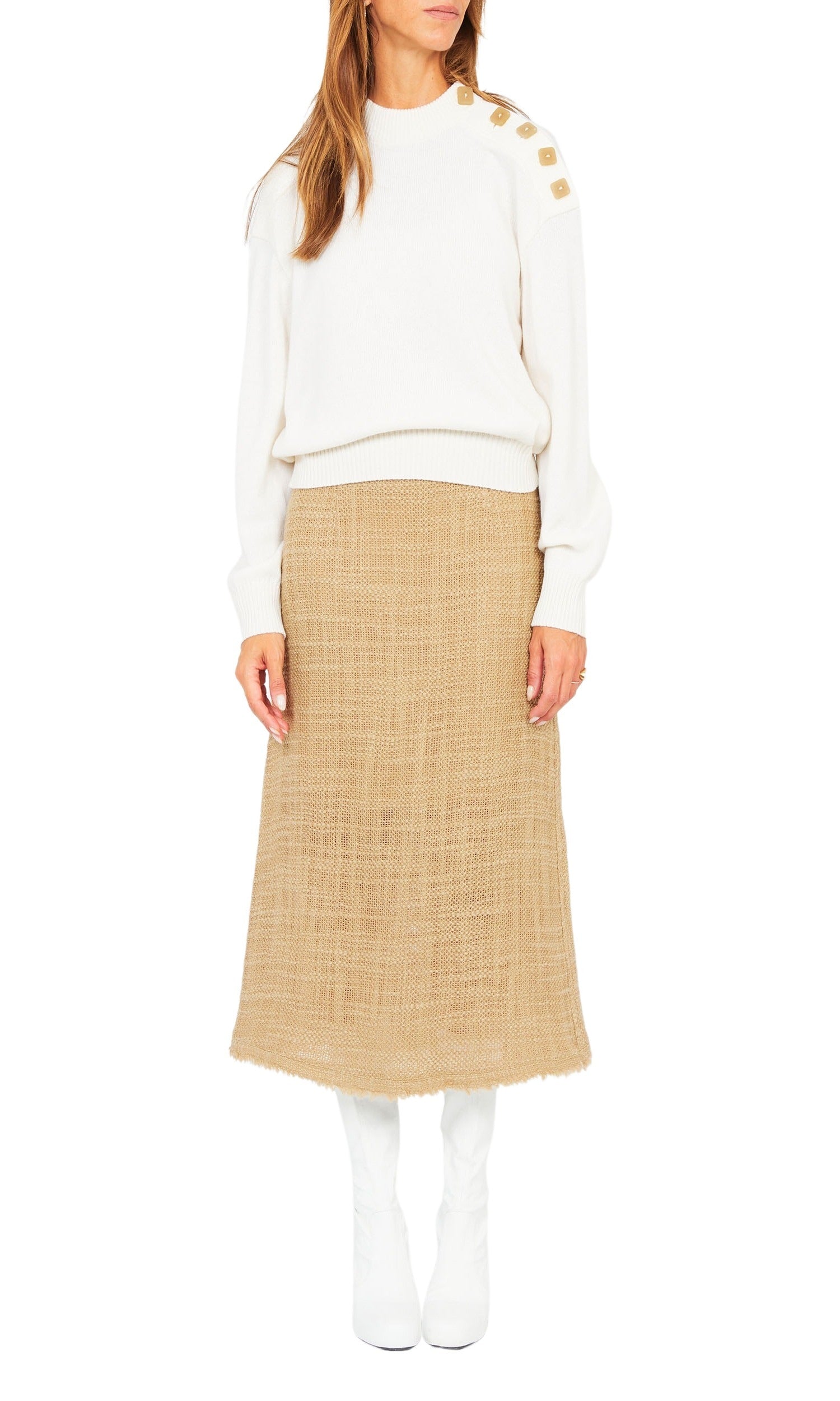 Jupe droite en macro-toile de laine - Beige