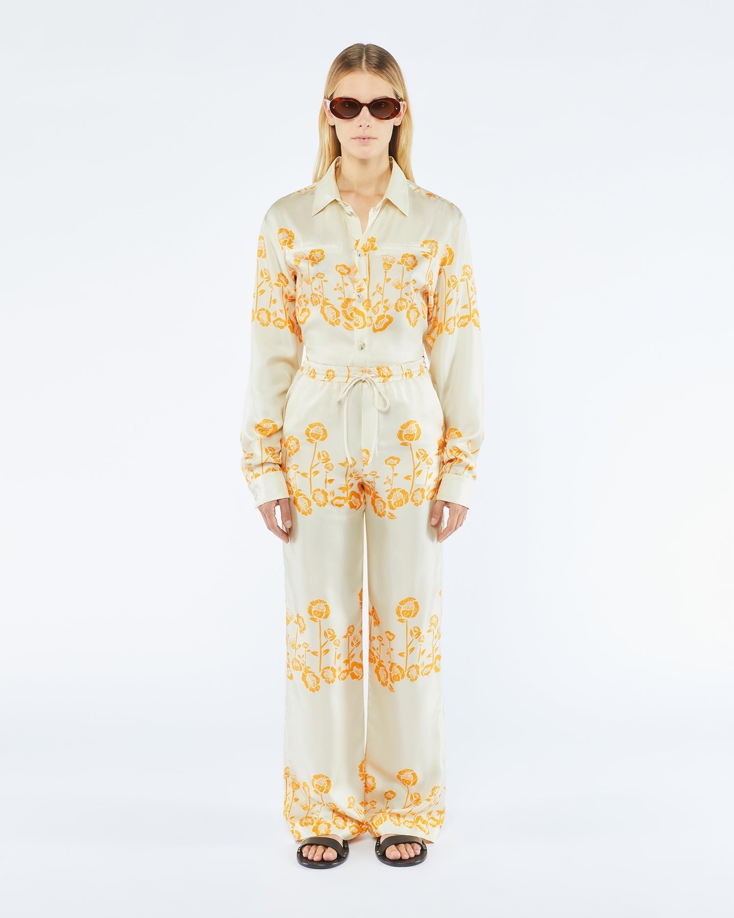 Pantalon Jarine en soie imprimé - Floral Frame Brown