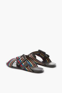 Mules plates à sangles rayées en cuir - Noir