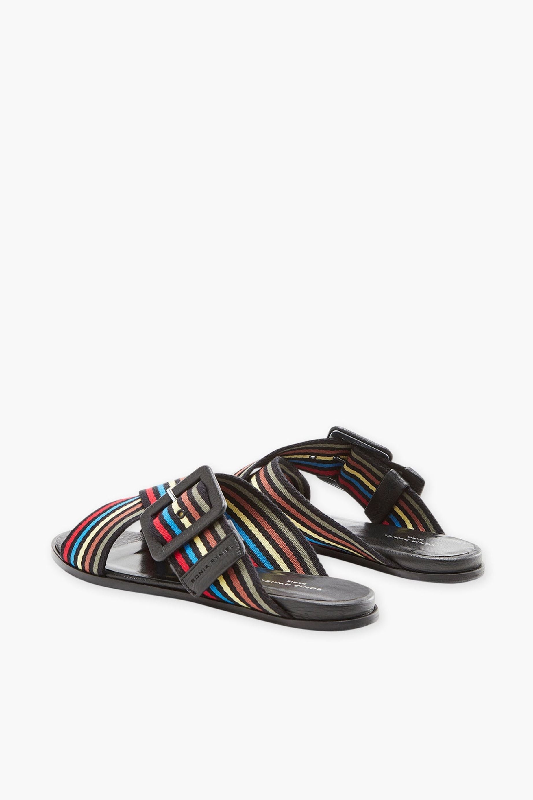Mules plates à sangles rayées en cuir - Noir