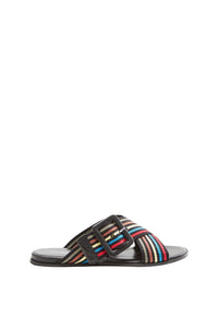 Mules plates à sangles rayées en cuir - Noir