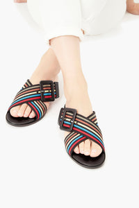 Mules plates à sangles rayées en cuir - Noir