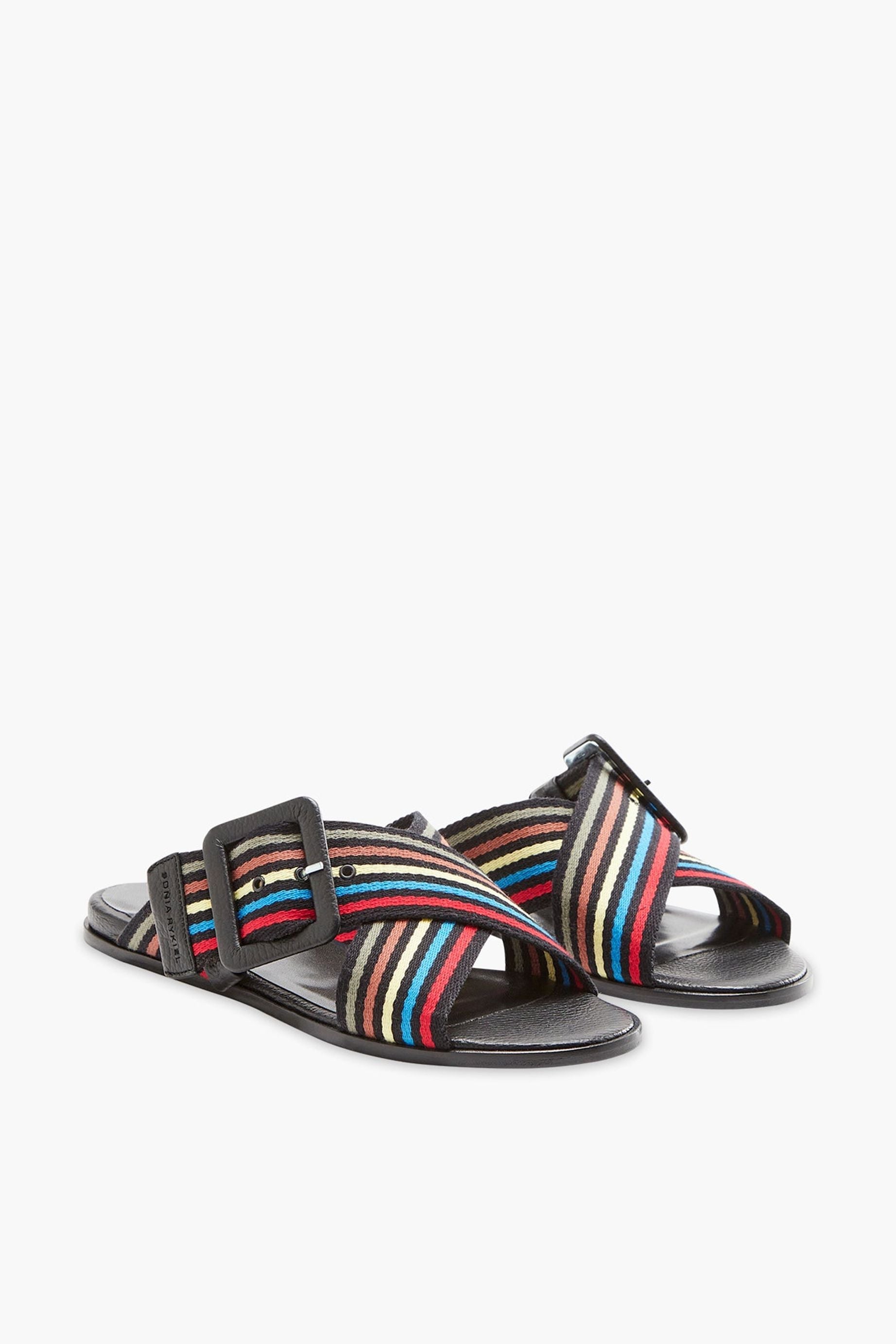 Mules plates à sangles rayées en cuir - Noir