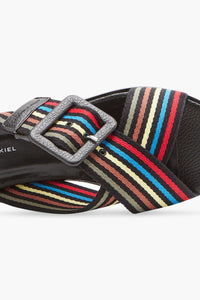 Mules plates à sangles rayées en cuir - Noir
