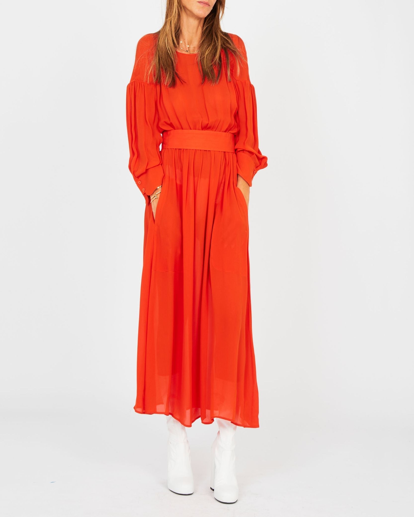 Robe à manches longues en soie - Rouge