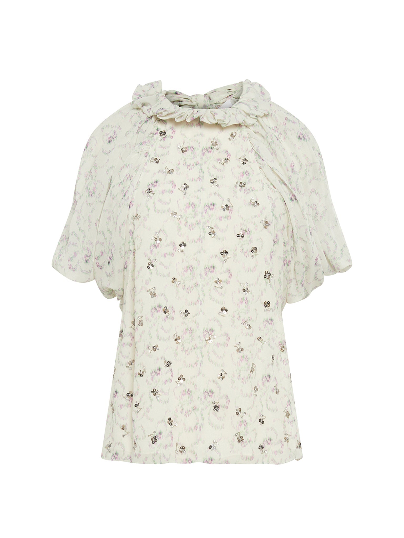Top en georgette de soie imprimé fleur ikat - Blanc Violet
