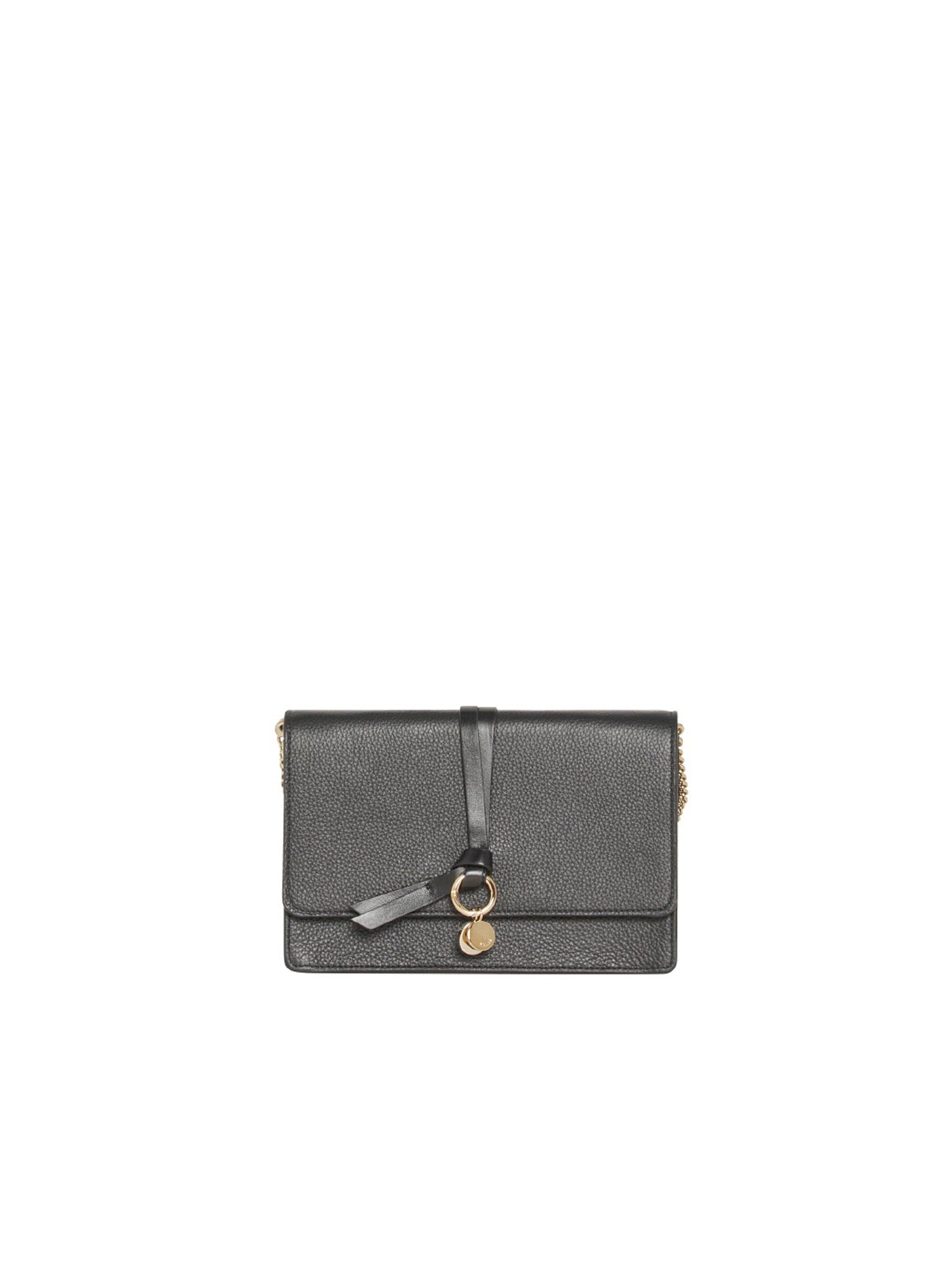 Pochette Alphabet en cuir grainé et brillant sur chaîne - Noir