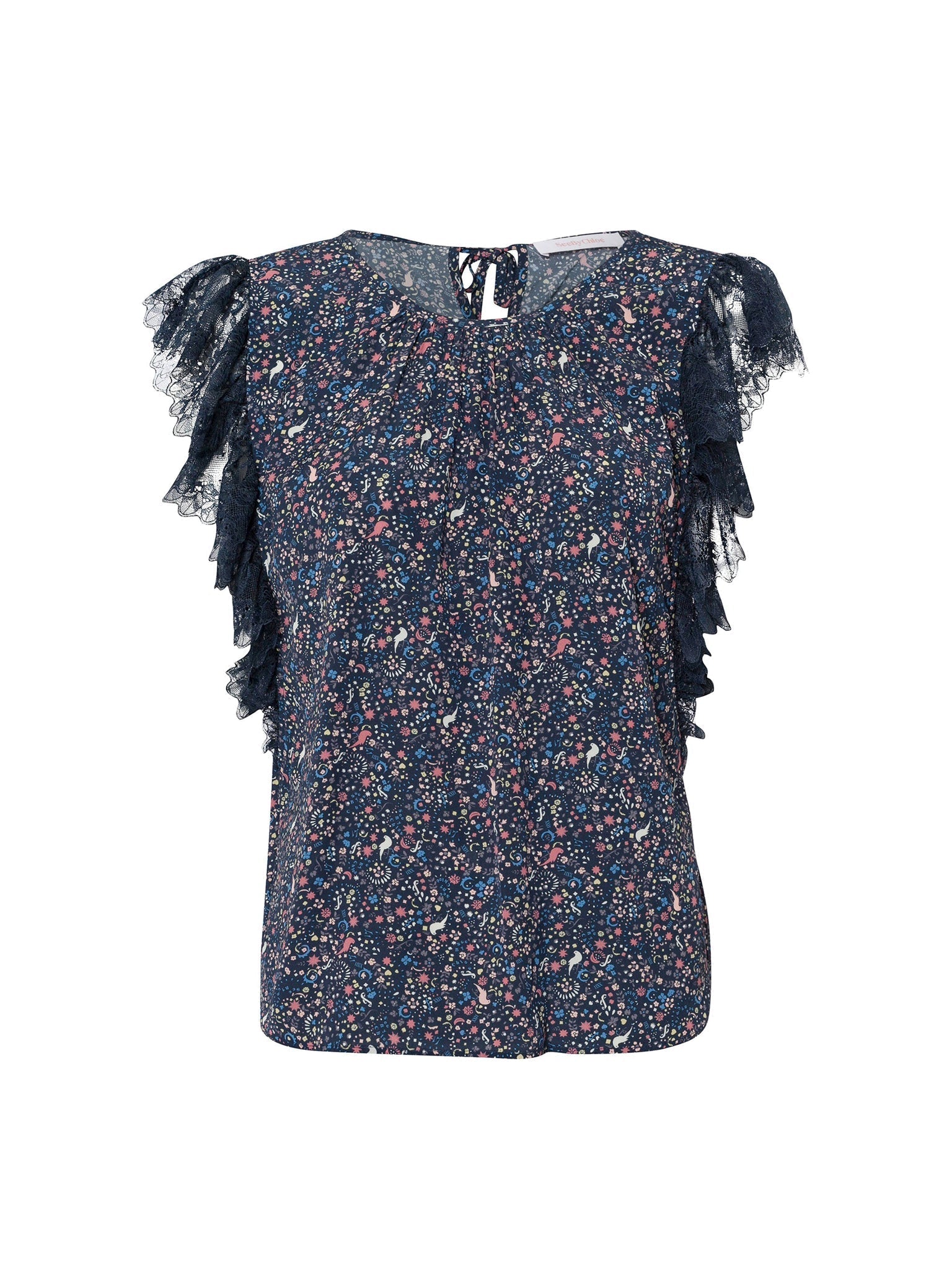 Top à motif fleuri et manches dentelle - Multicolor Blue