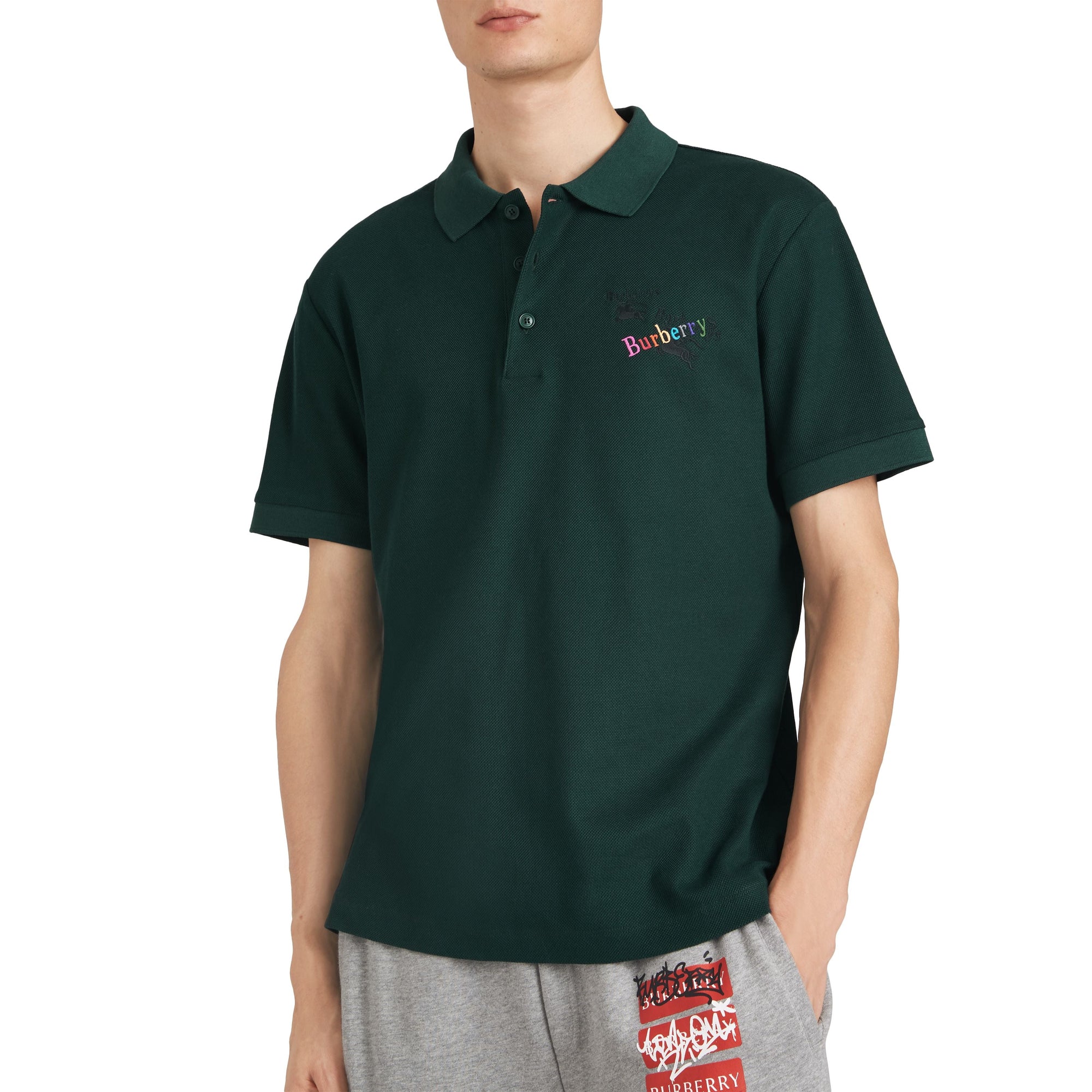 Polo tricolore en piqué de coton - Dark Forest Green