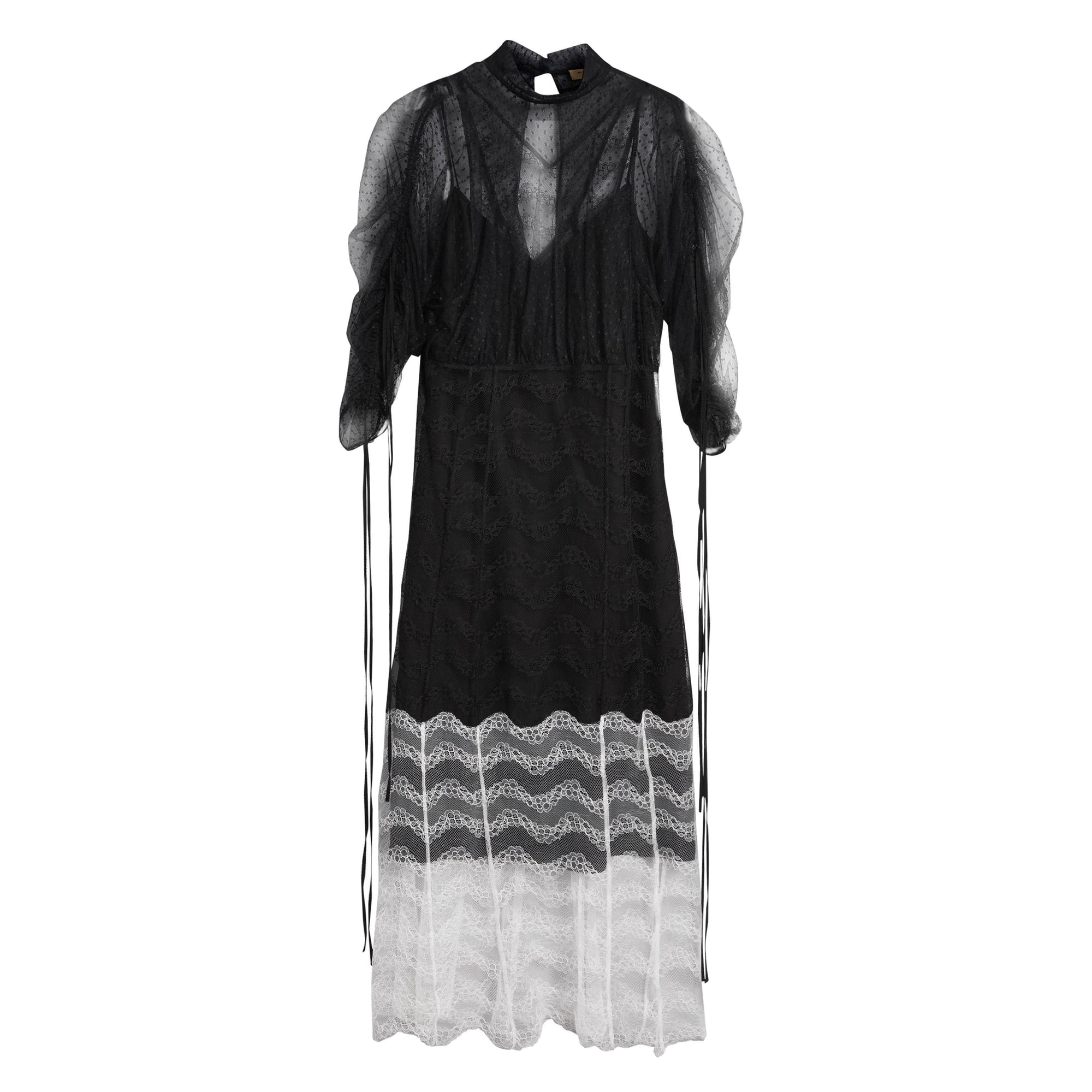 Robe en dentelle géométrique à manches froncées - Black