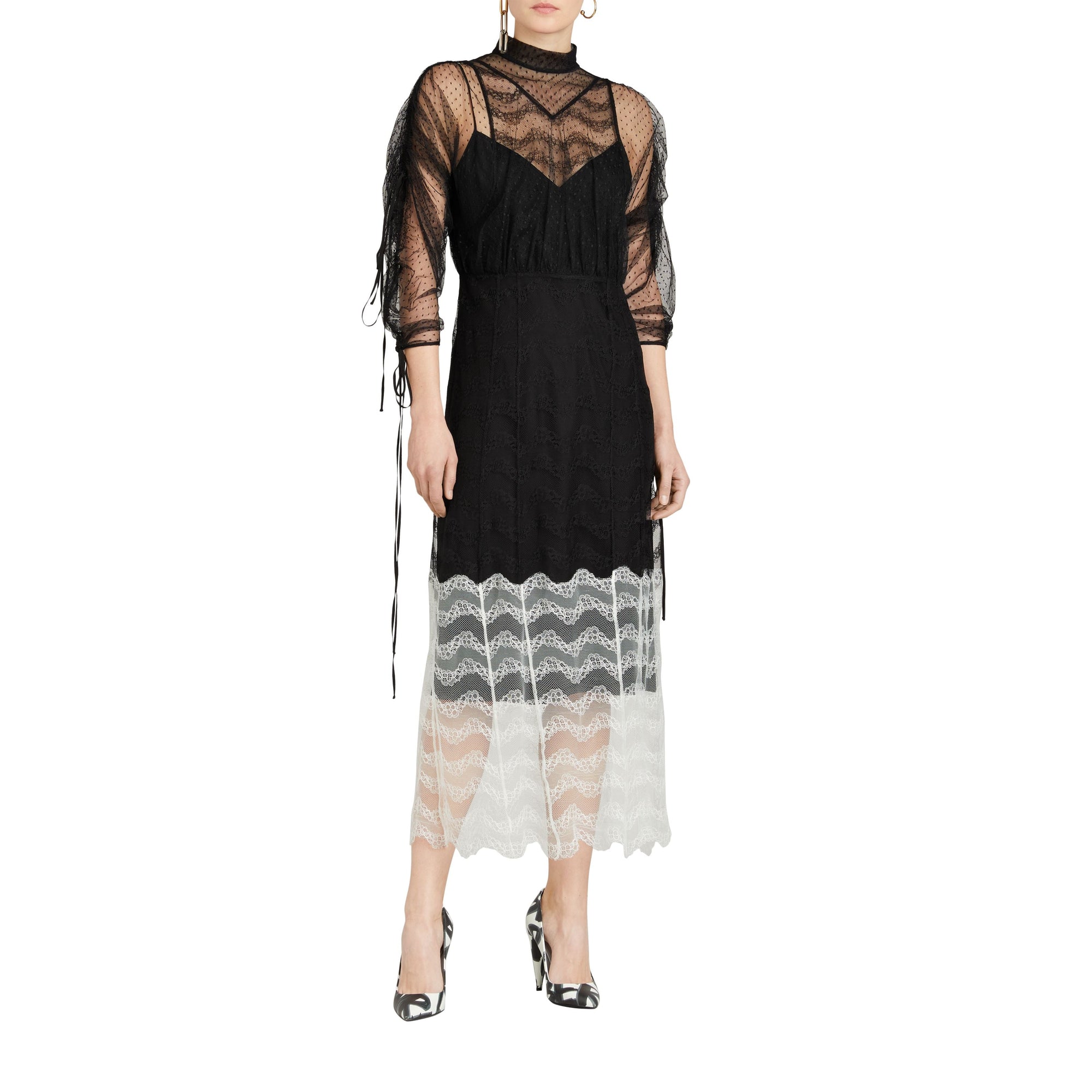 Robe en dentelle géométrique à manches froncées - Black