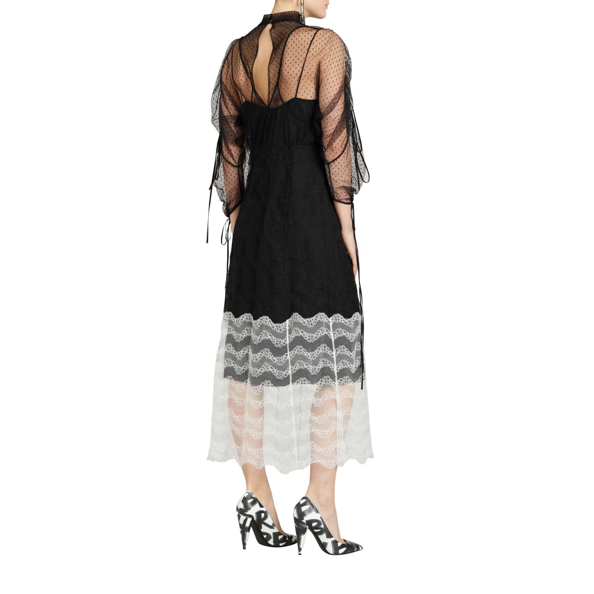 Robe en dentelle géométrique à manches froncées - Black