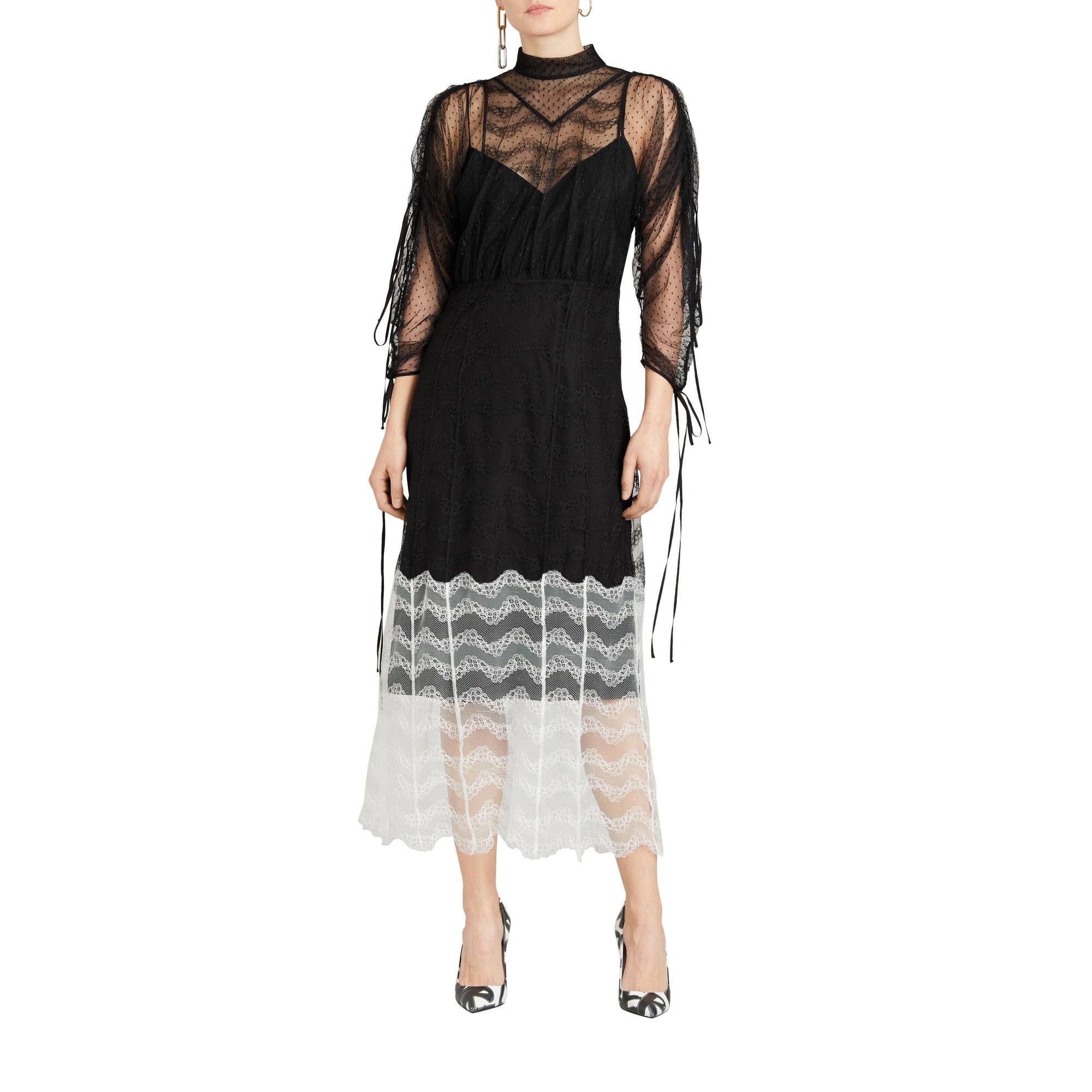 Robe en dentelle géométrique à manches froncées - Black