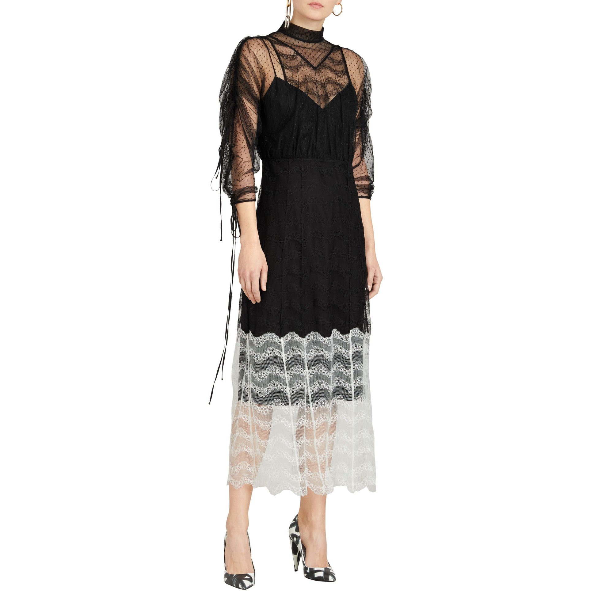 Robe en dentelle géométrique à manches froncées - Black