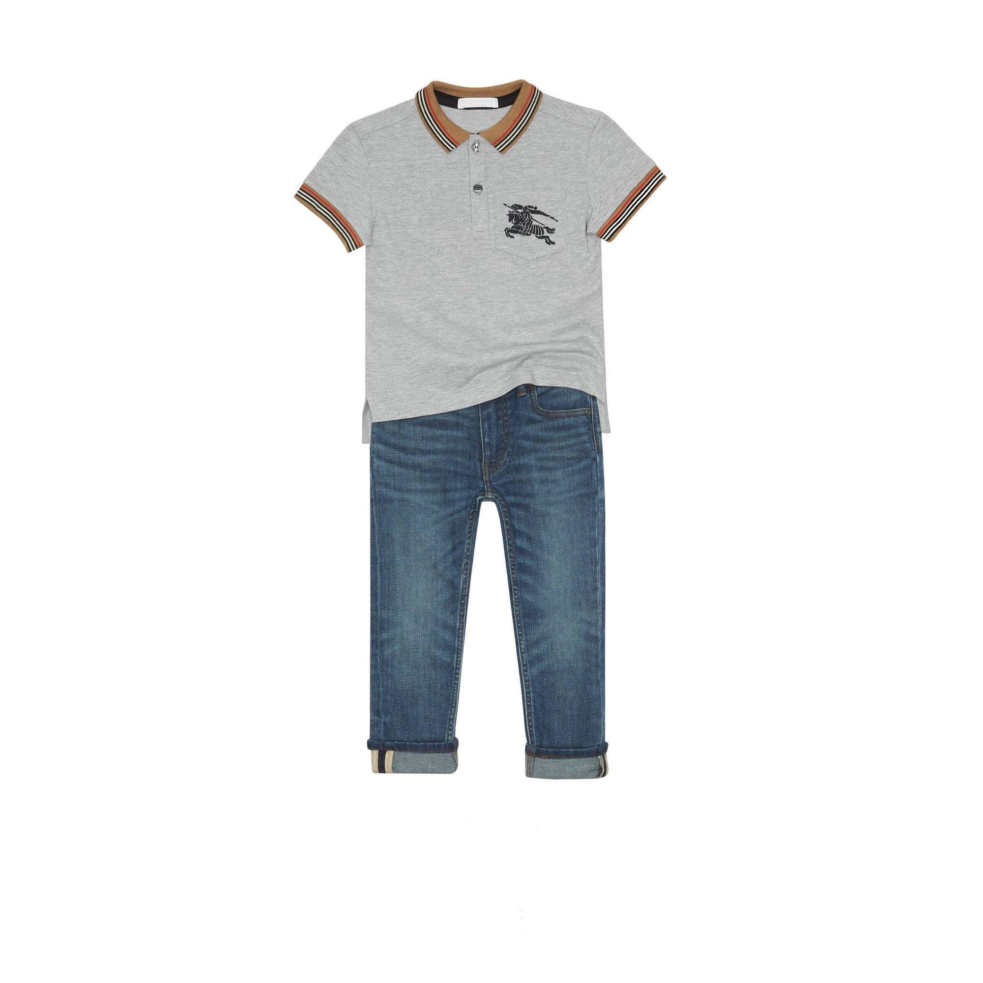 Polo enfant en coton à rayures iconiques - Grey Melange