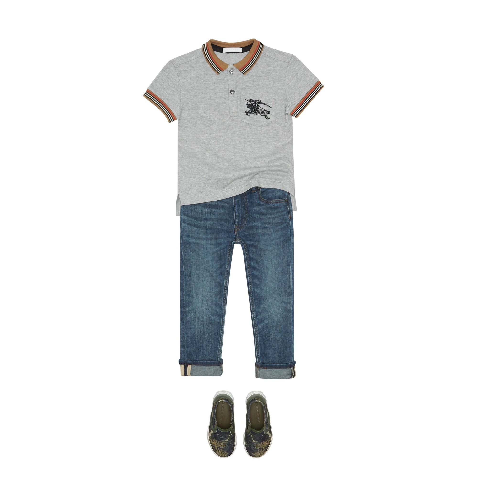 Polo enfant en coton à rayures iconiques - Grey Melange