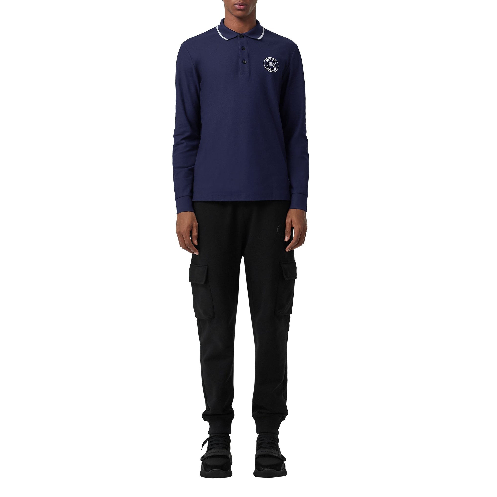 Polo en coton à manches longues et logo brodé - Navy