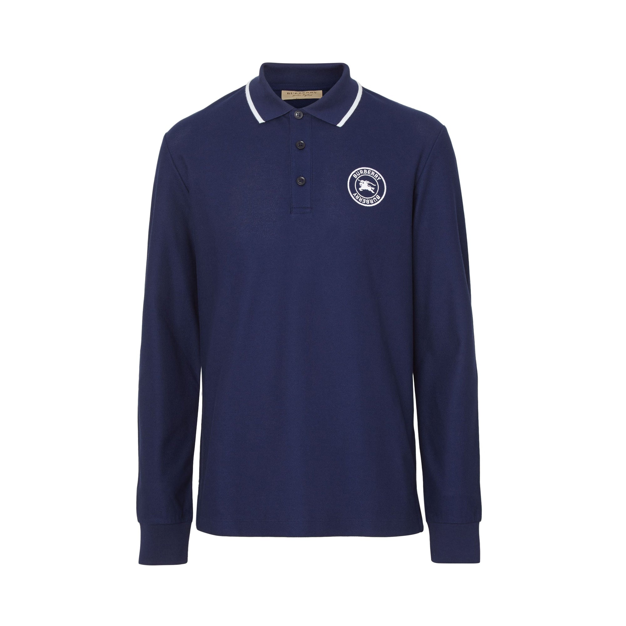 Polo en coton à manches longues et logo brodé - Navy