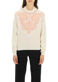 Pull à col rond plastron brodé en laine - White & Pink