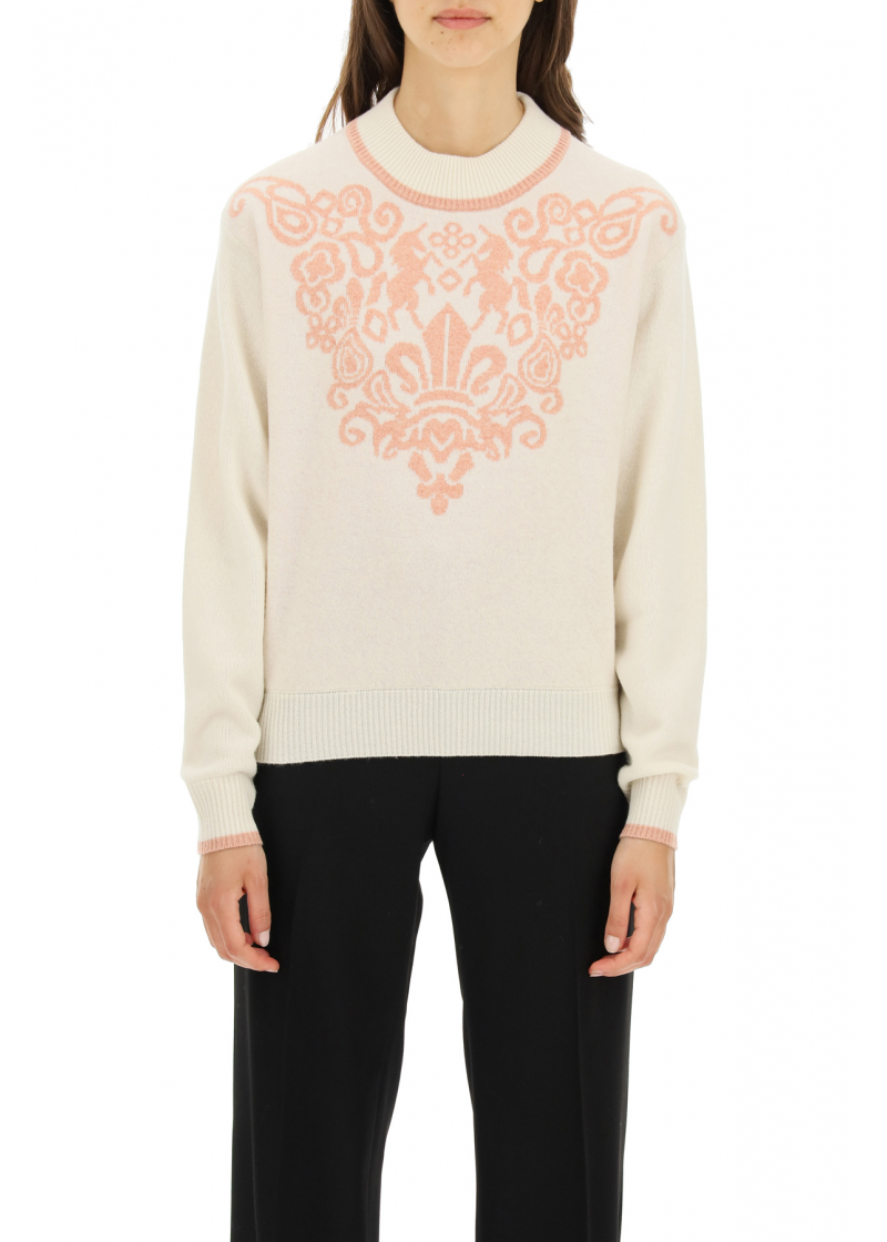 Pull à col rond plastron brodé en laine - White & Pink