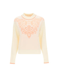 Pull à col rond plastron brodé en laine - White & Pink