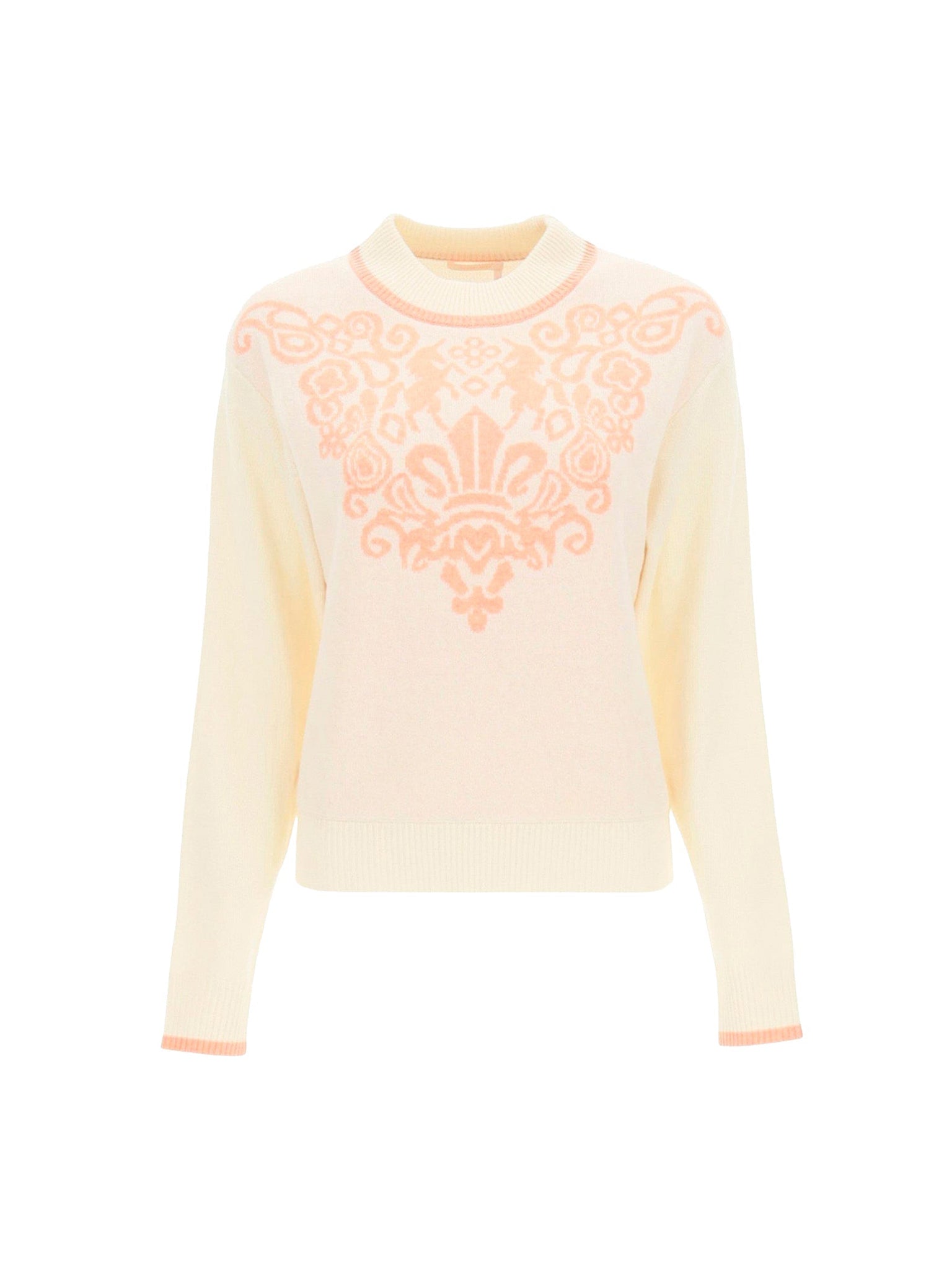 Pull à col rond plastron brodé en laine - White & Pink