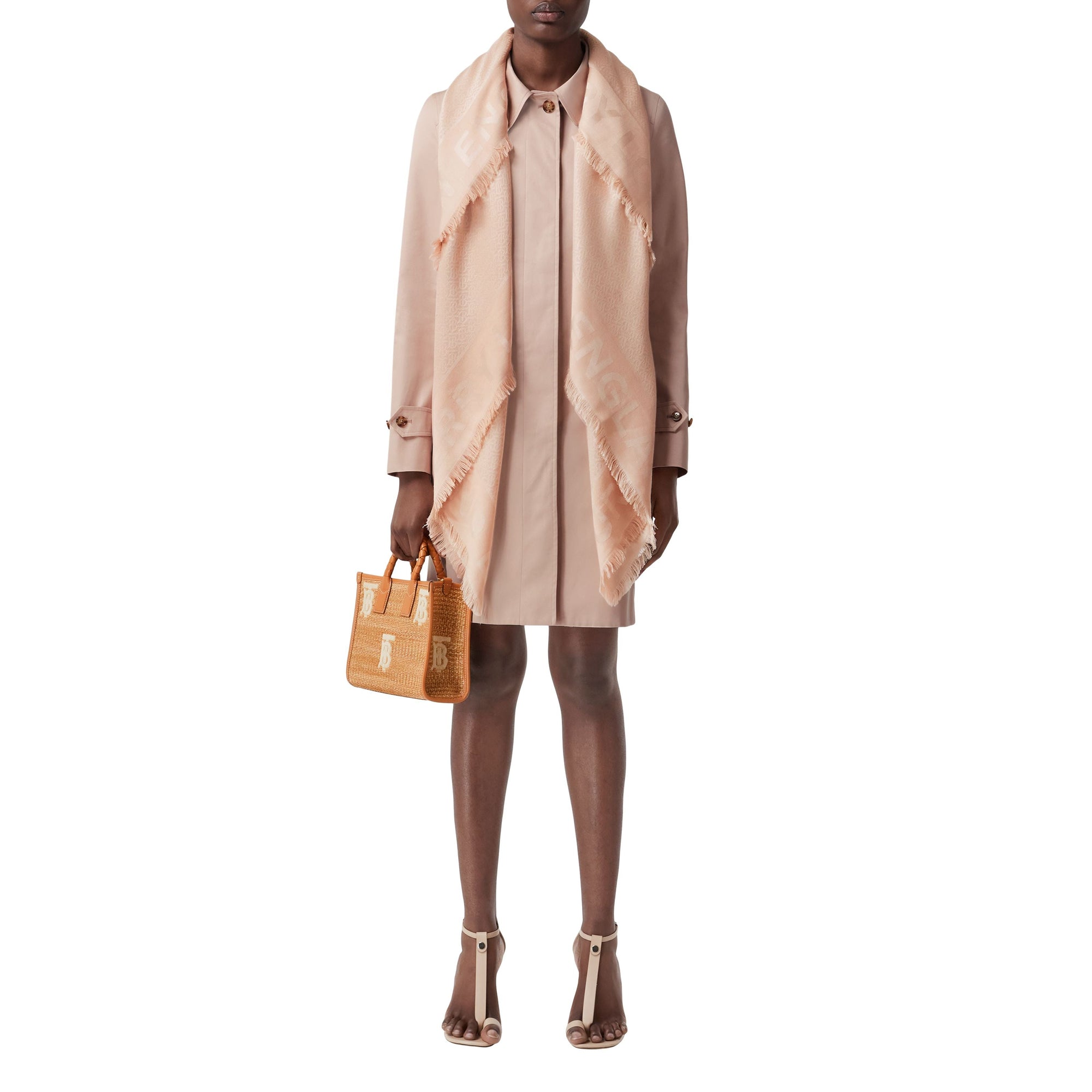 Grand carré de soie et laine en jacquard - Rose Beige