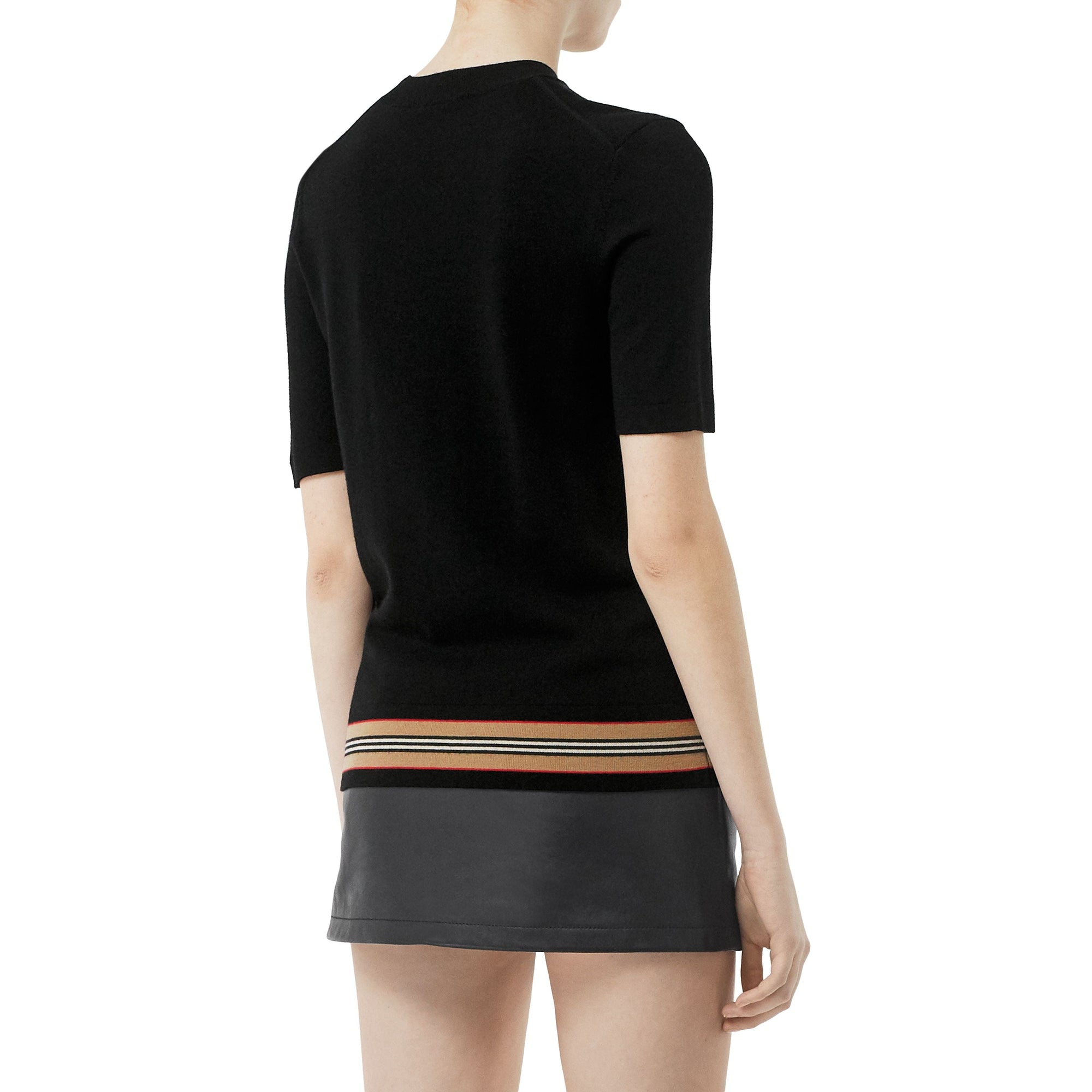 Haut à manches courtes en laine mérinos à rayures - Black