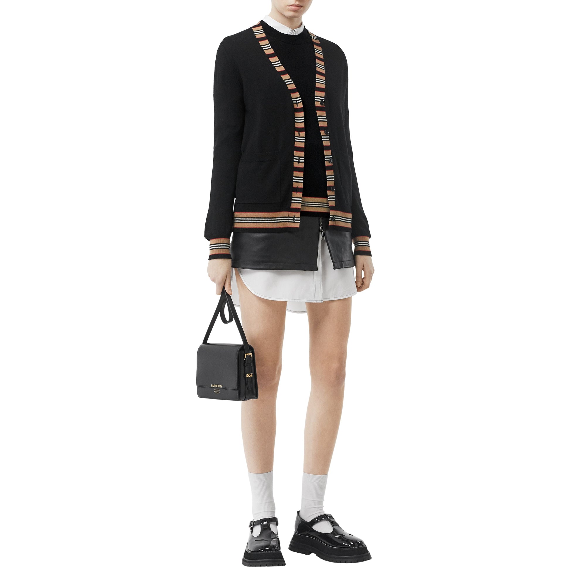 Haut à manches courtes en laine mérinos à rayures - Black