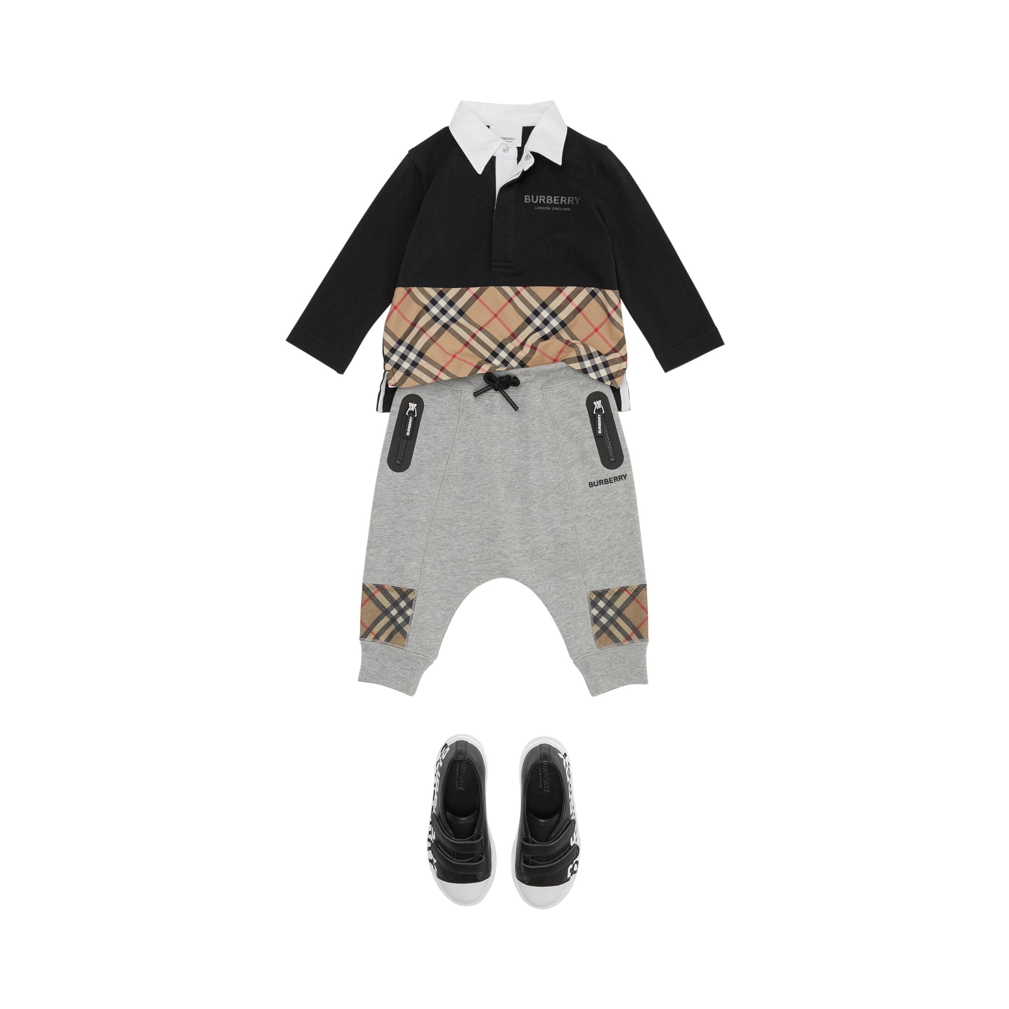 Polo à manches longues en coton avec Vintage Check - Black