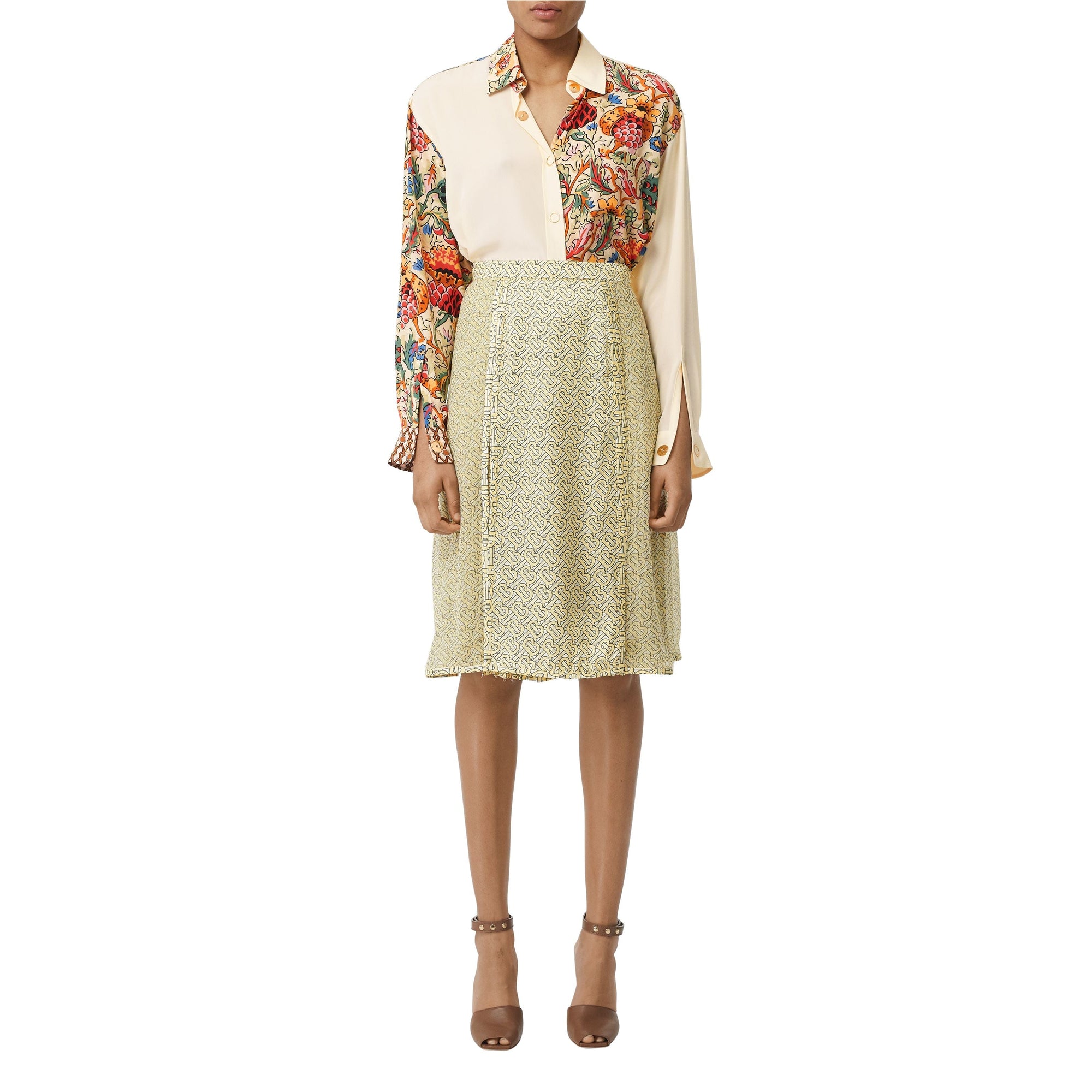 Jupe plissée en soie monogramme - Pale Yellow