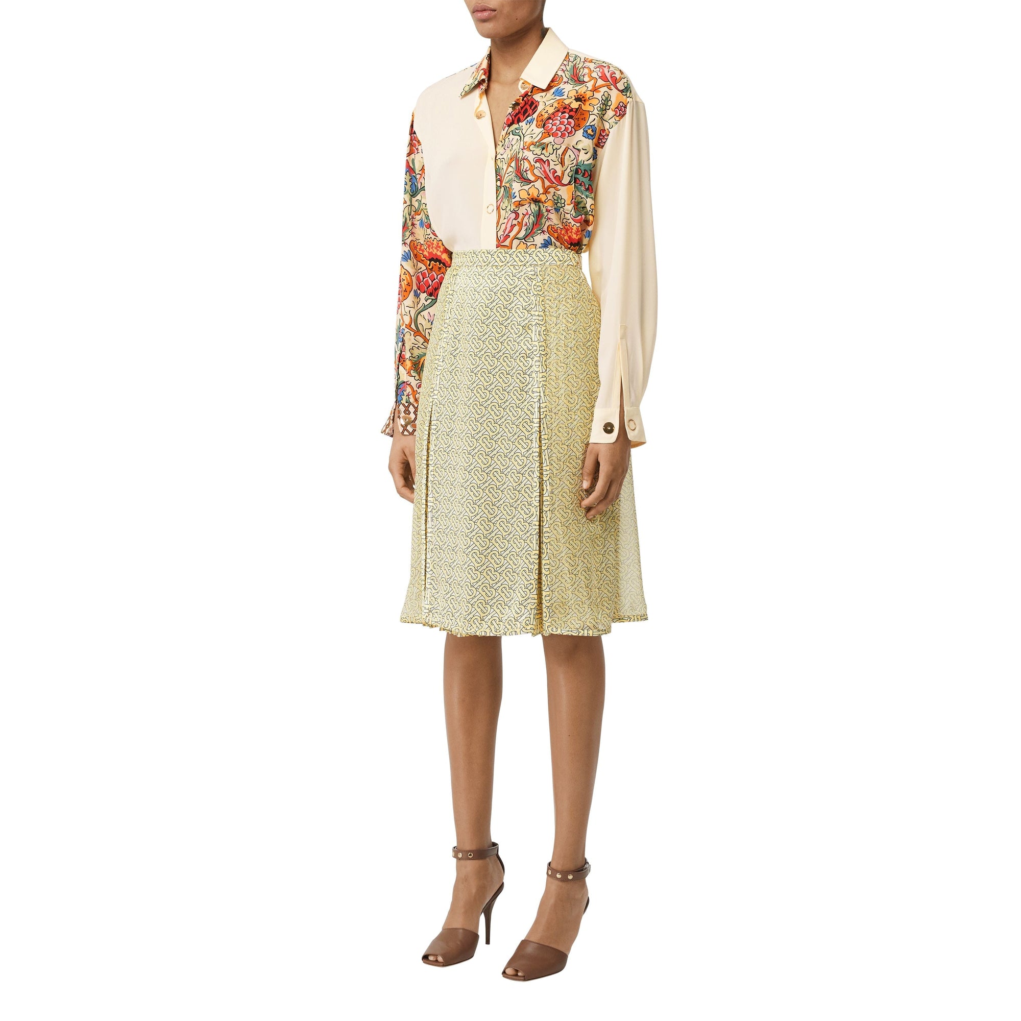 Jupe plissée en soie monogramme - Pale Yellow