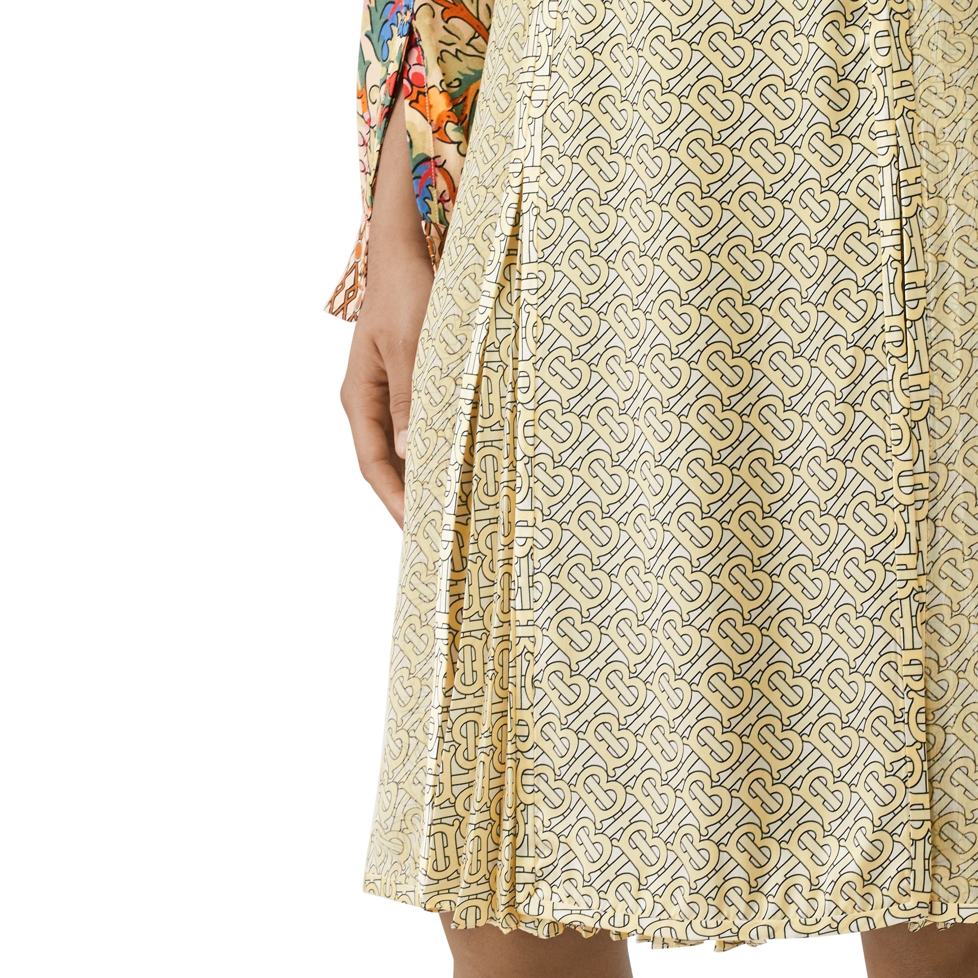 Jupe plissée en soie monogramme - Pale Yellow