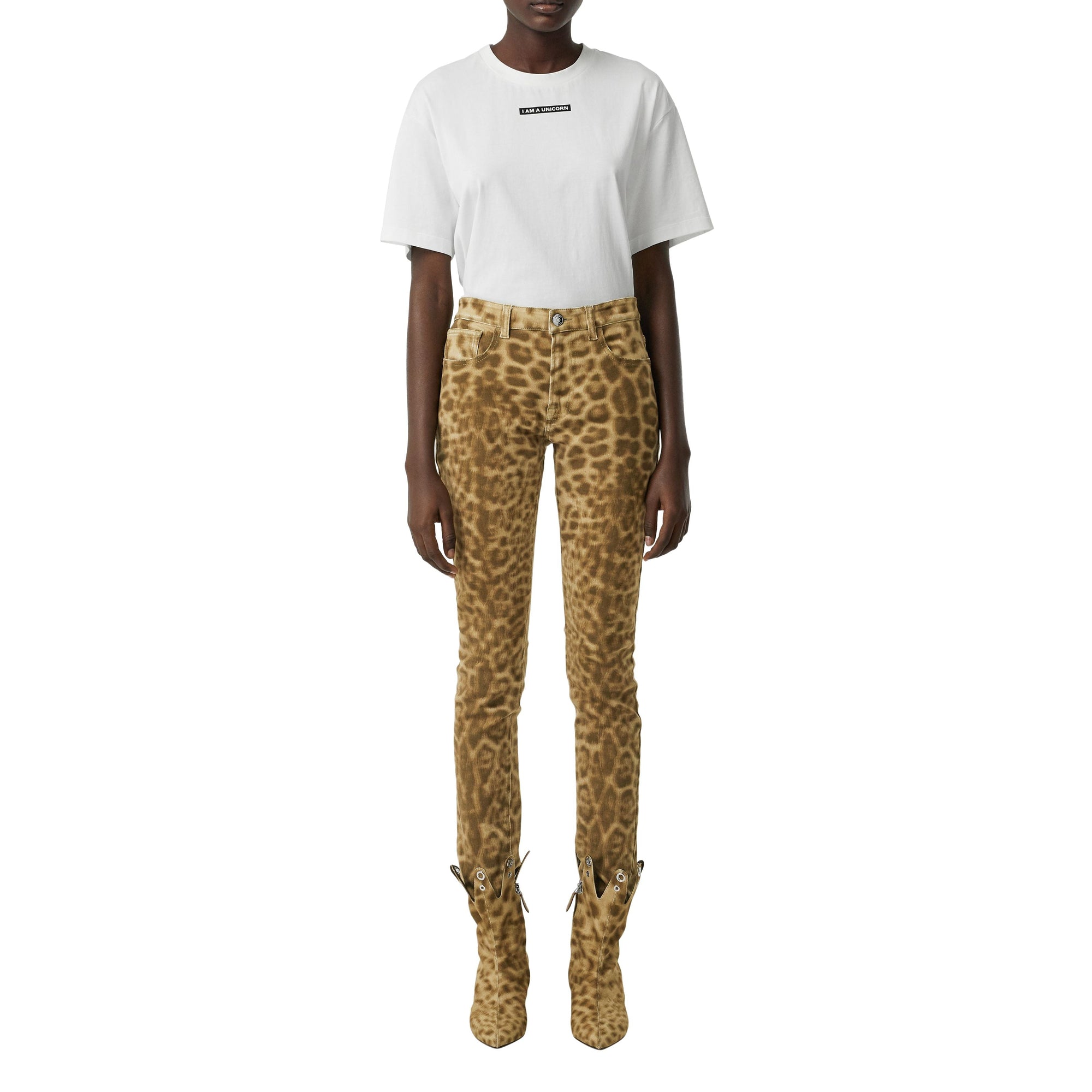 Jean droit en denim japonais à imprimé léopard - Beige