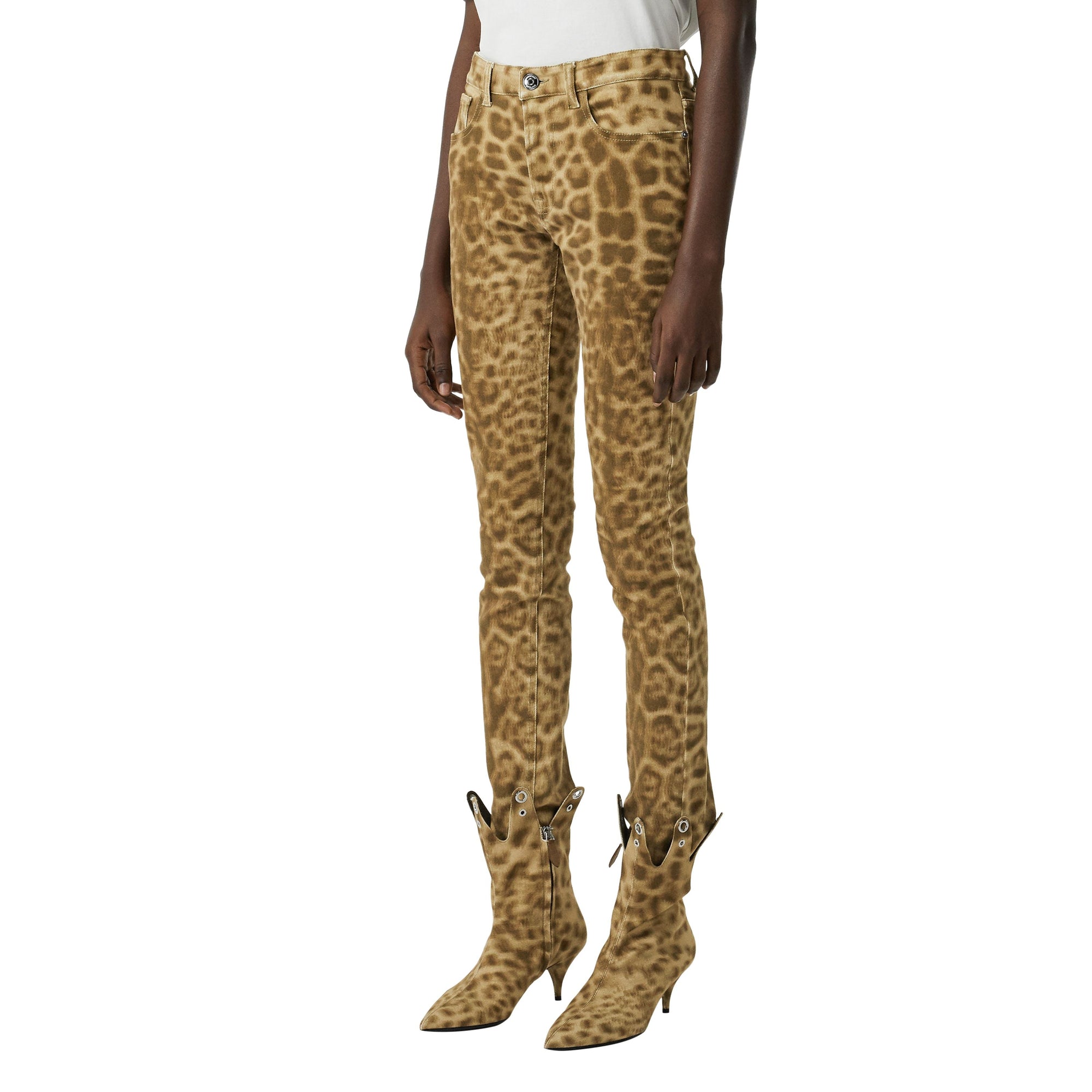 Jean droit en denim japonais à imprimé léopard - Beige