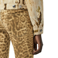 Jean droit en denim japonais à imprimé léopard - Beige