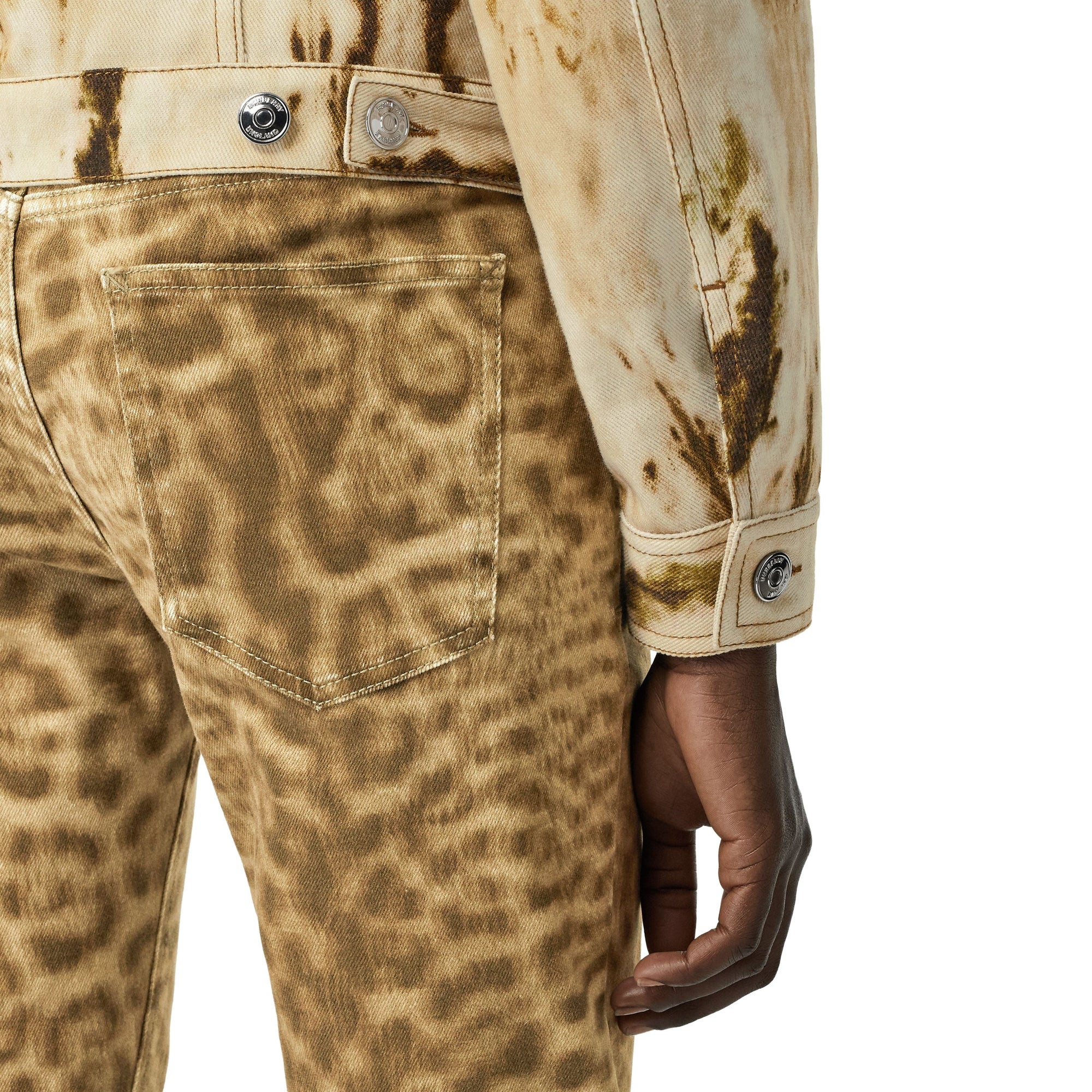 Jean droit en denim japonais à imprimé léopard - Beige