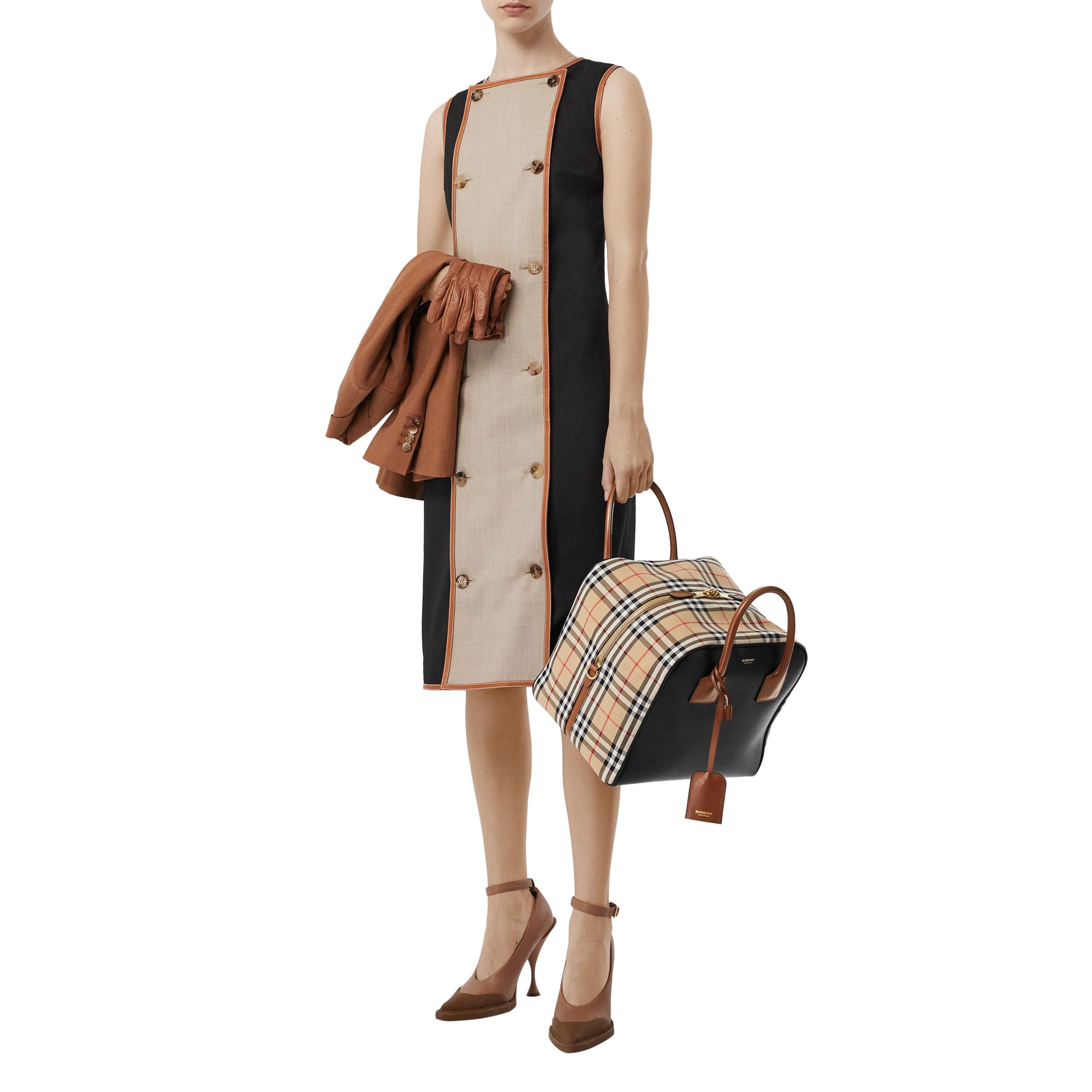 Sac Cube moyen en cuir et Vintage Check - Archive Beige