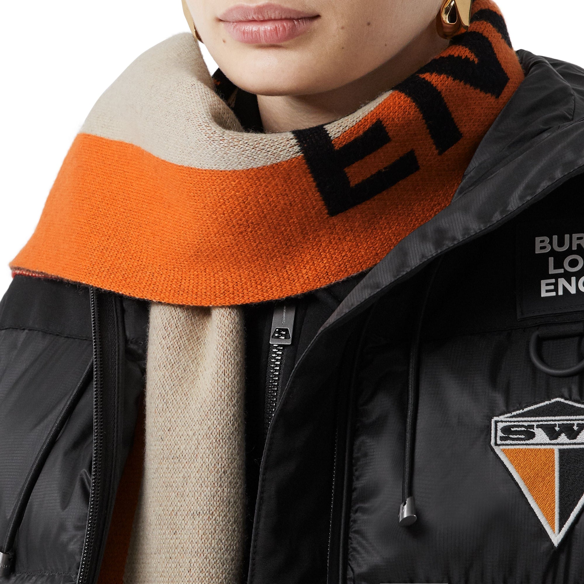 Écharpe en jacquard de cachemire à rayures et logo - Bright Orange