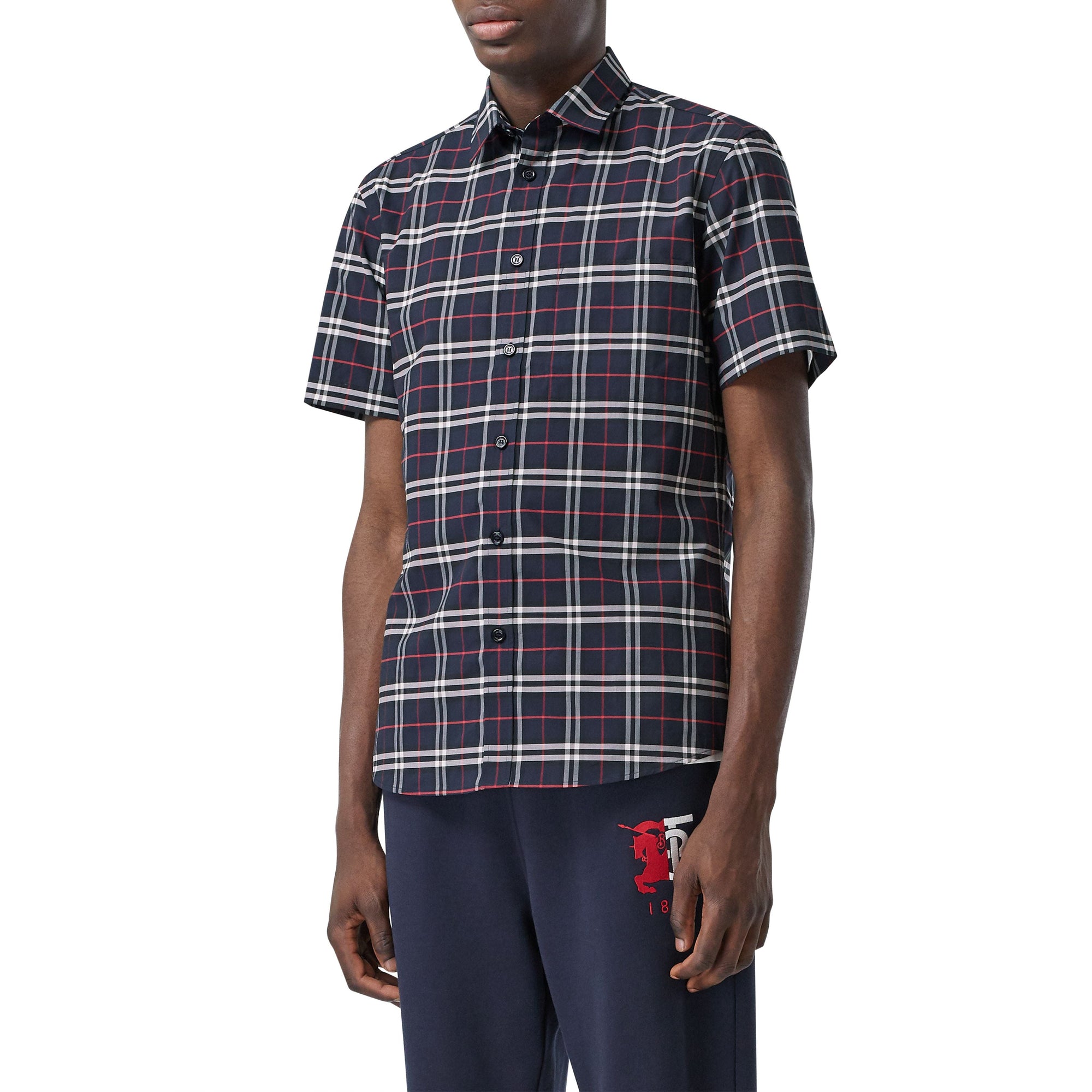Chemise à manches courtes en coton stretch - Navy Check