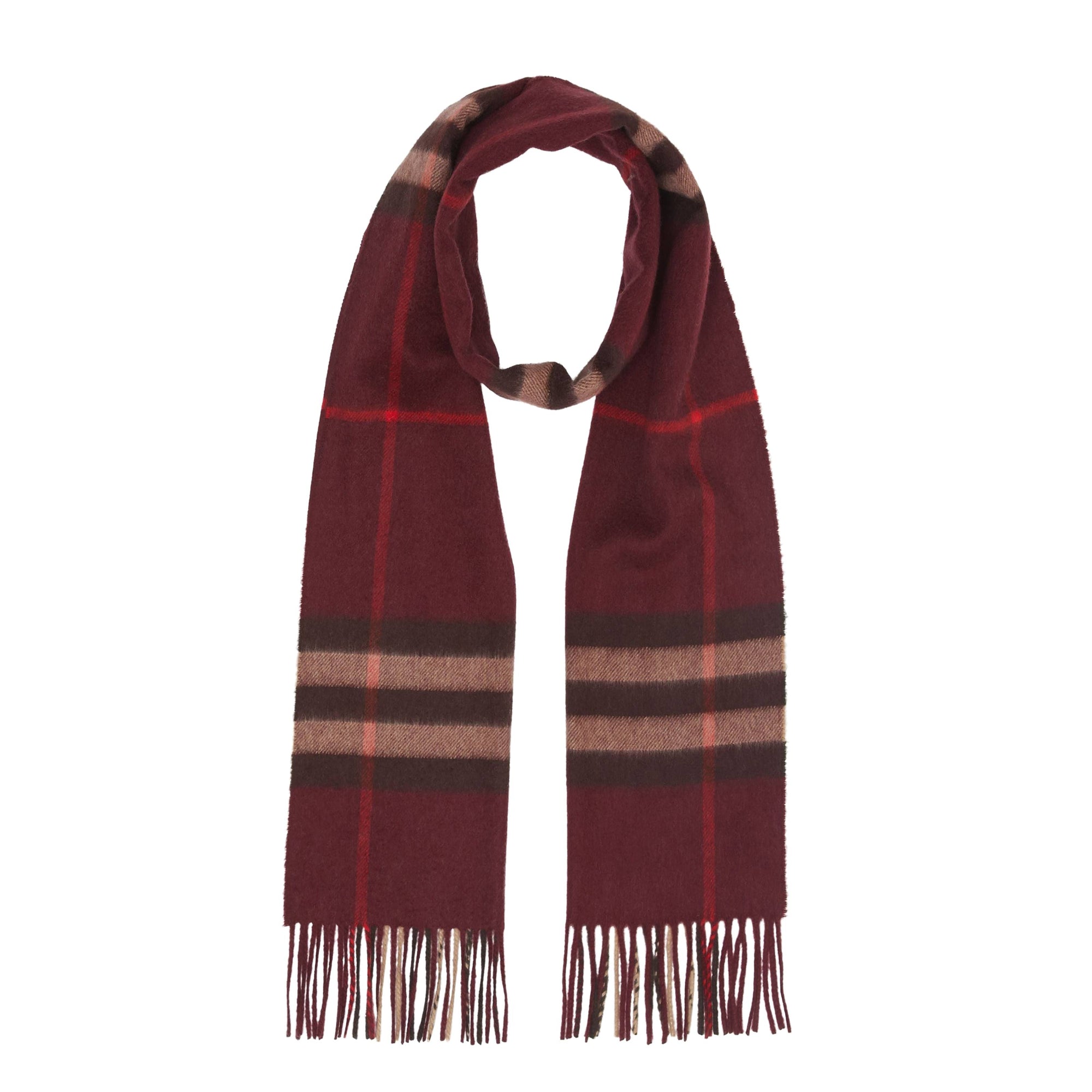 Écharpe à franges et motif check en cachemire - Burgundy