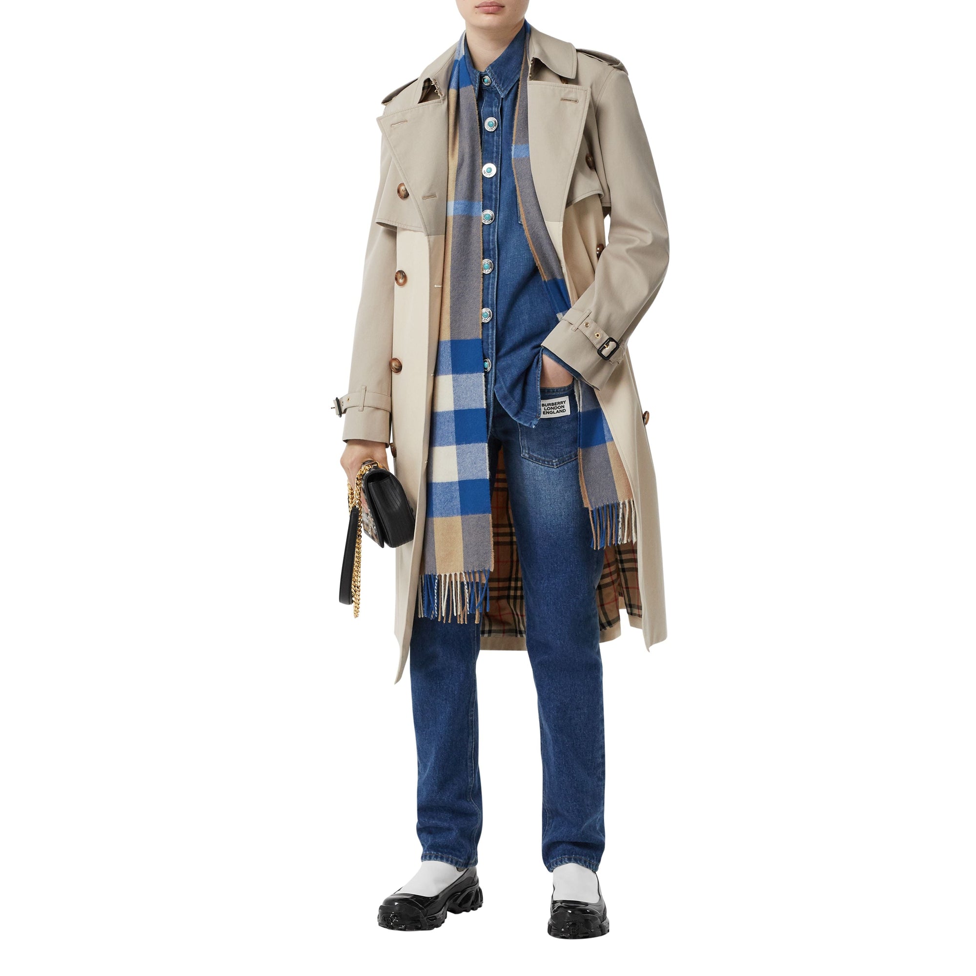 Écharpe en cachemire Check - Arc Beige & Inky Blue